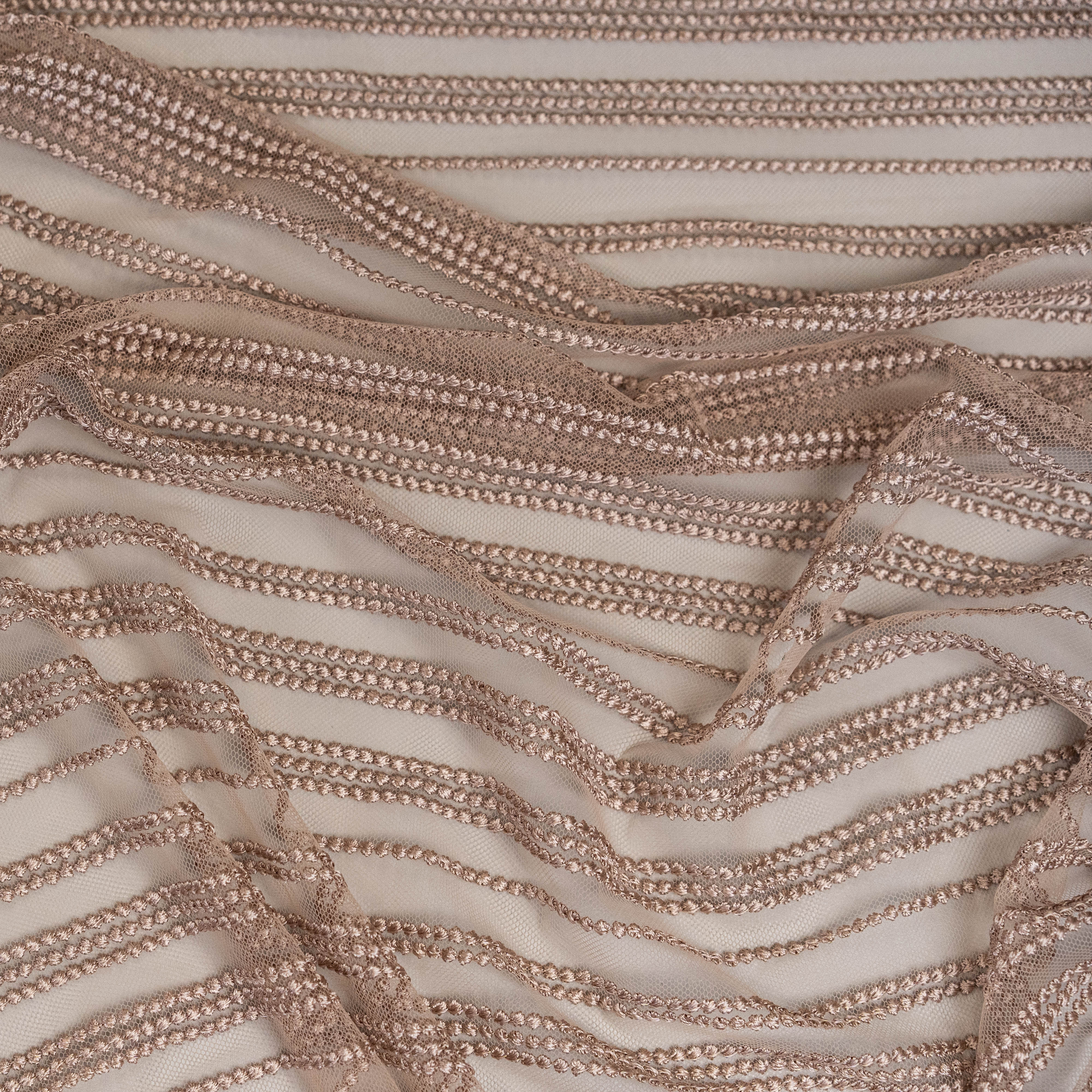 Skin Spot Stripe Embroidered Tulle — featuring scalloped edges, 50% nylon 50% rayon, 130cm wide