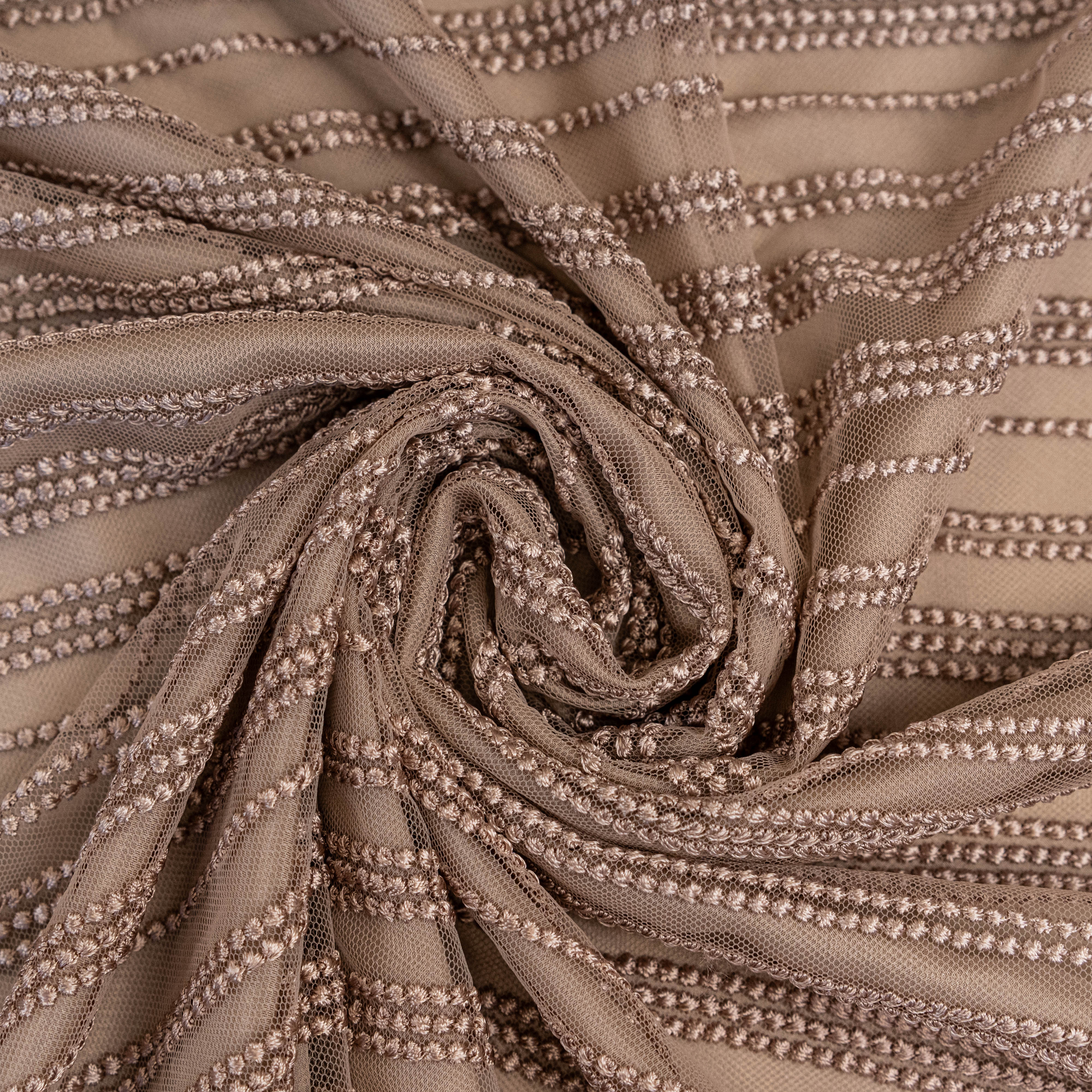 Skin Spot Stripe Embroidered Tulle — featuring scalloped edges, 50% nylon 50% rayon, 130cm wide