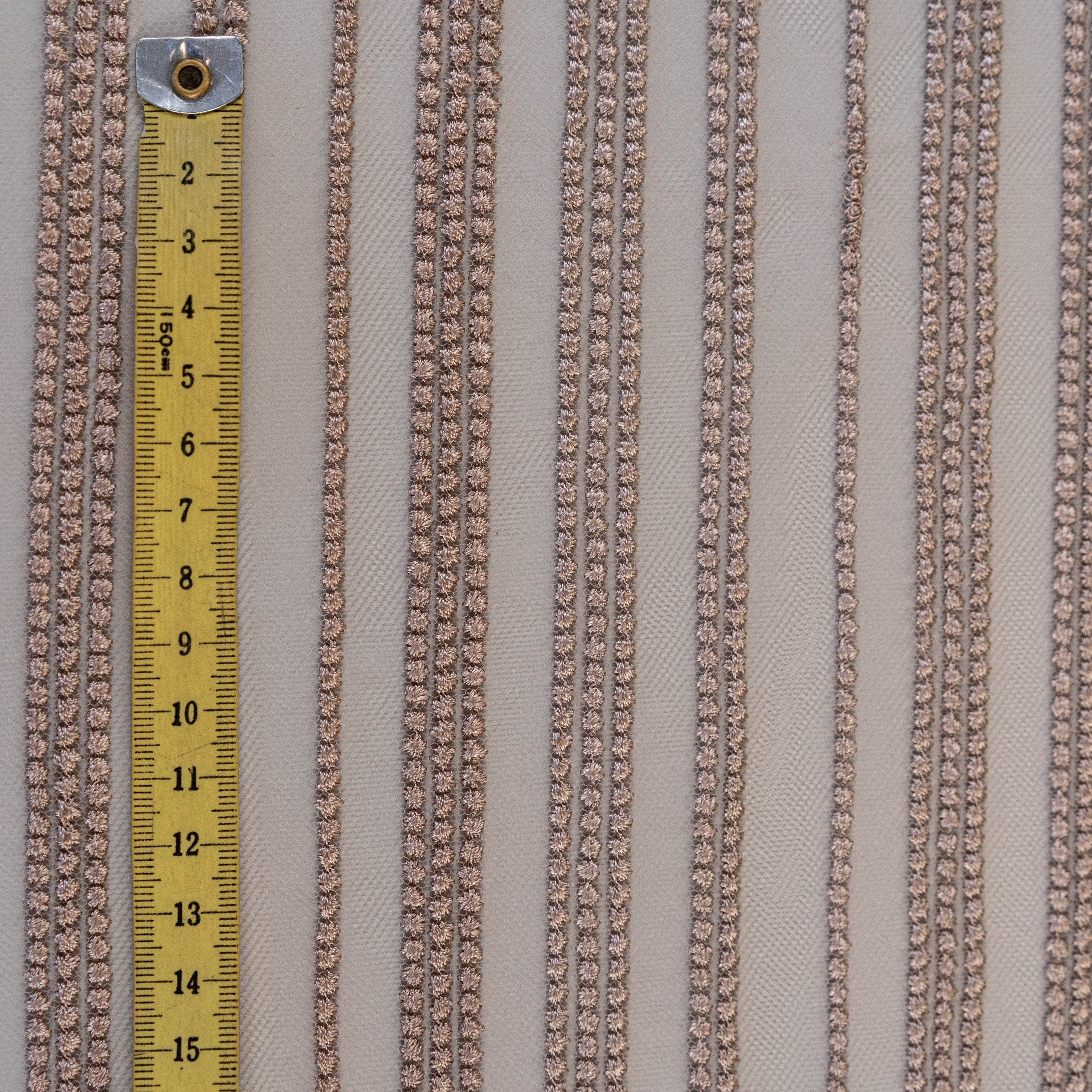 Skin Spot Stripe Embroidered Tulle — featuring scalloped edges, 50% nylon 50% rayon, 130cm wide
