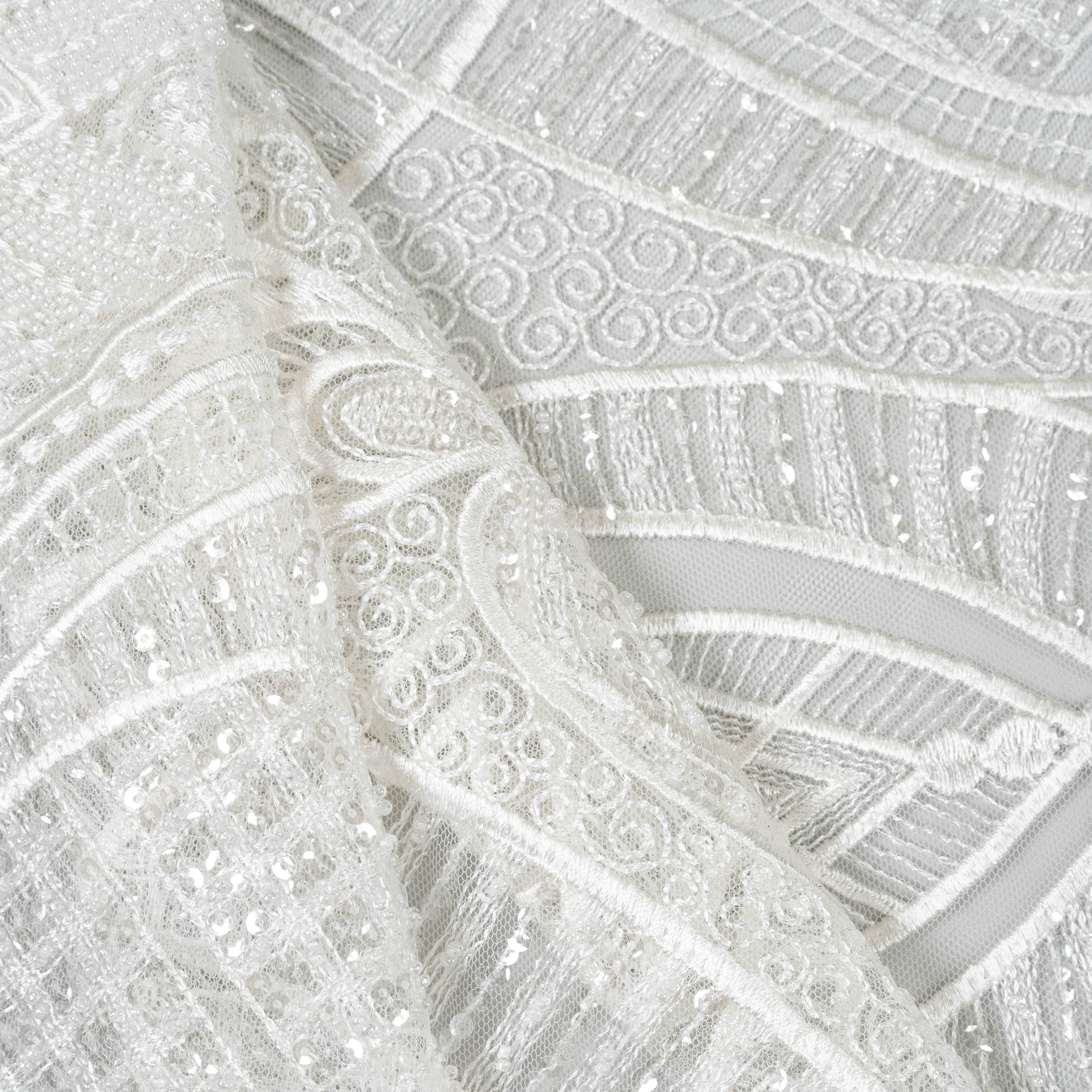 Ivory Embellished Tulle — featuring scalloped edges and hand-beading, 50% nylon 50% rayon, 130cm wide