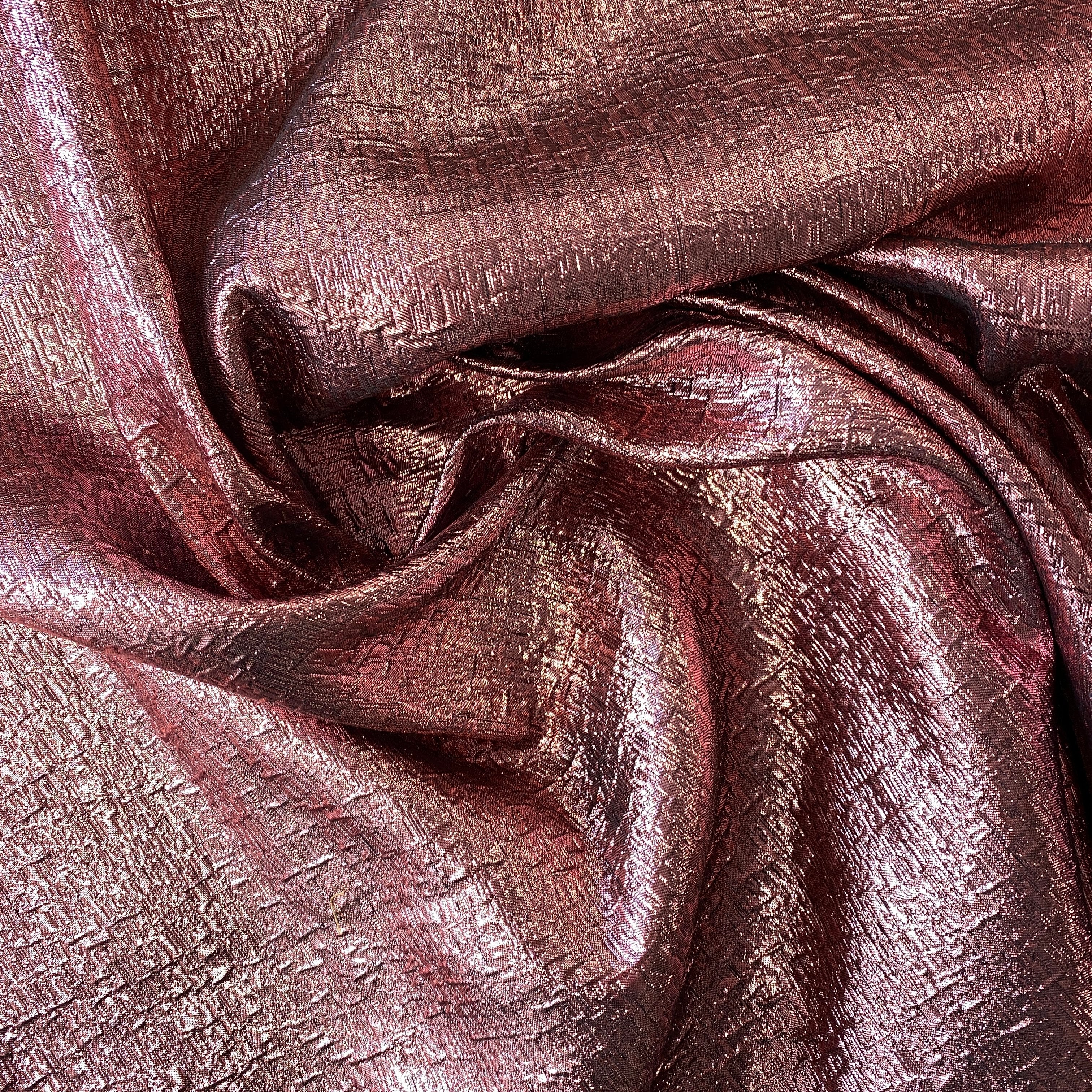 Rose Pink Metallic Jacquard — featuring a woven metallic jacquard design with a soft feel and stiff drape, 140cm wide