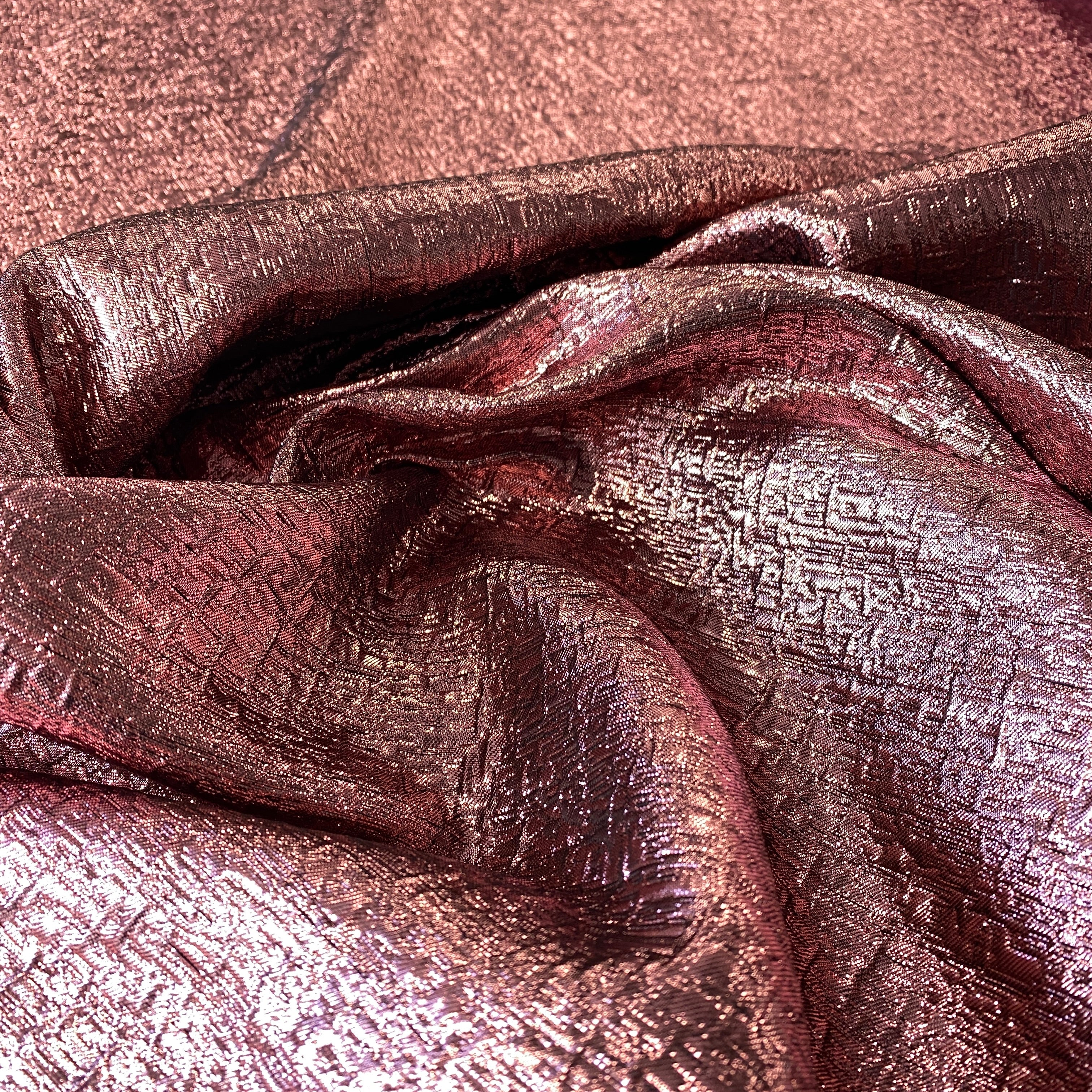 Rose Pink Metallic Jacquard — featuring a woven metallic jacquard design with a soft feel and stiff drape, 140cm wide