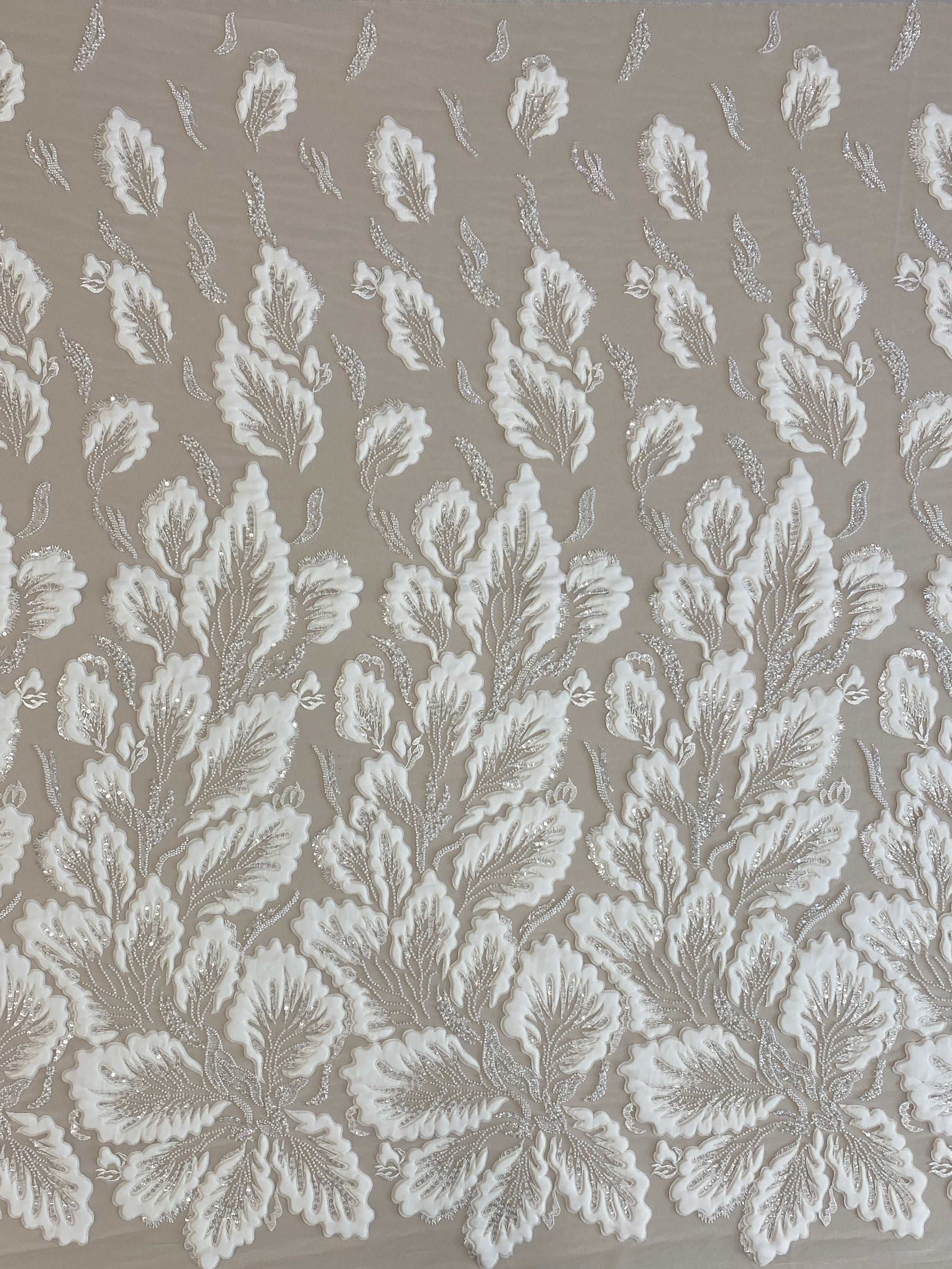 Ivory 3D Floral Tulle — featuring floral motifs, hand-beading and sequins, 50% rayon 50% nylon, 130cm wide