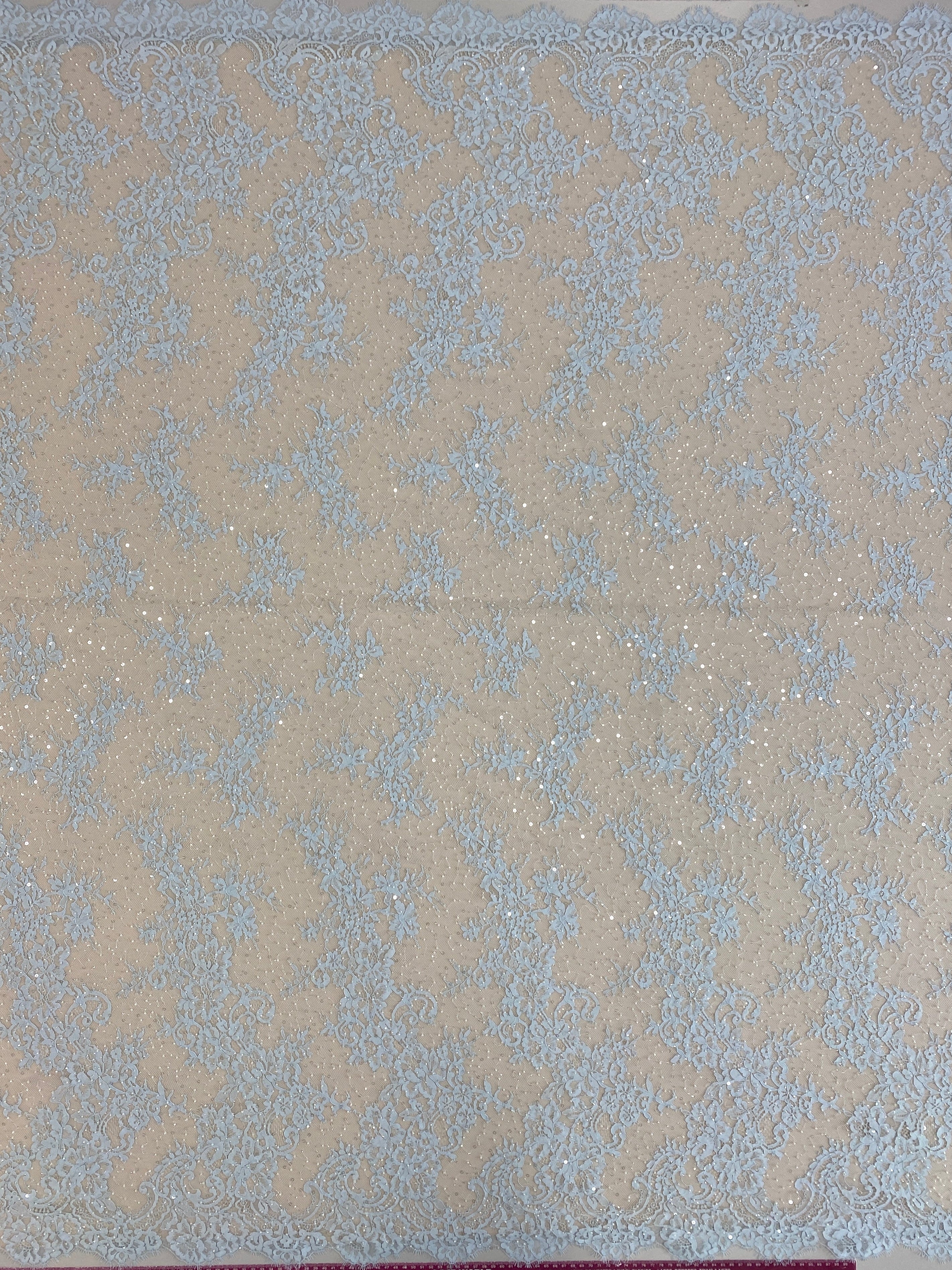 Baby Blue Beaded Fine Lace — featuring scalloped edges, eyelash detail and floral motifs, in nylon and viscose, 130cm wide