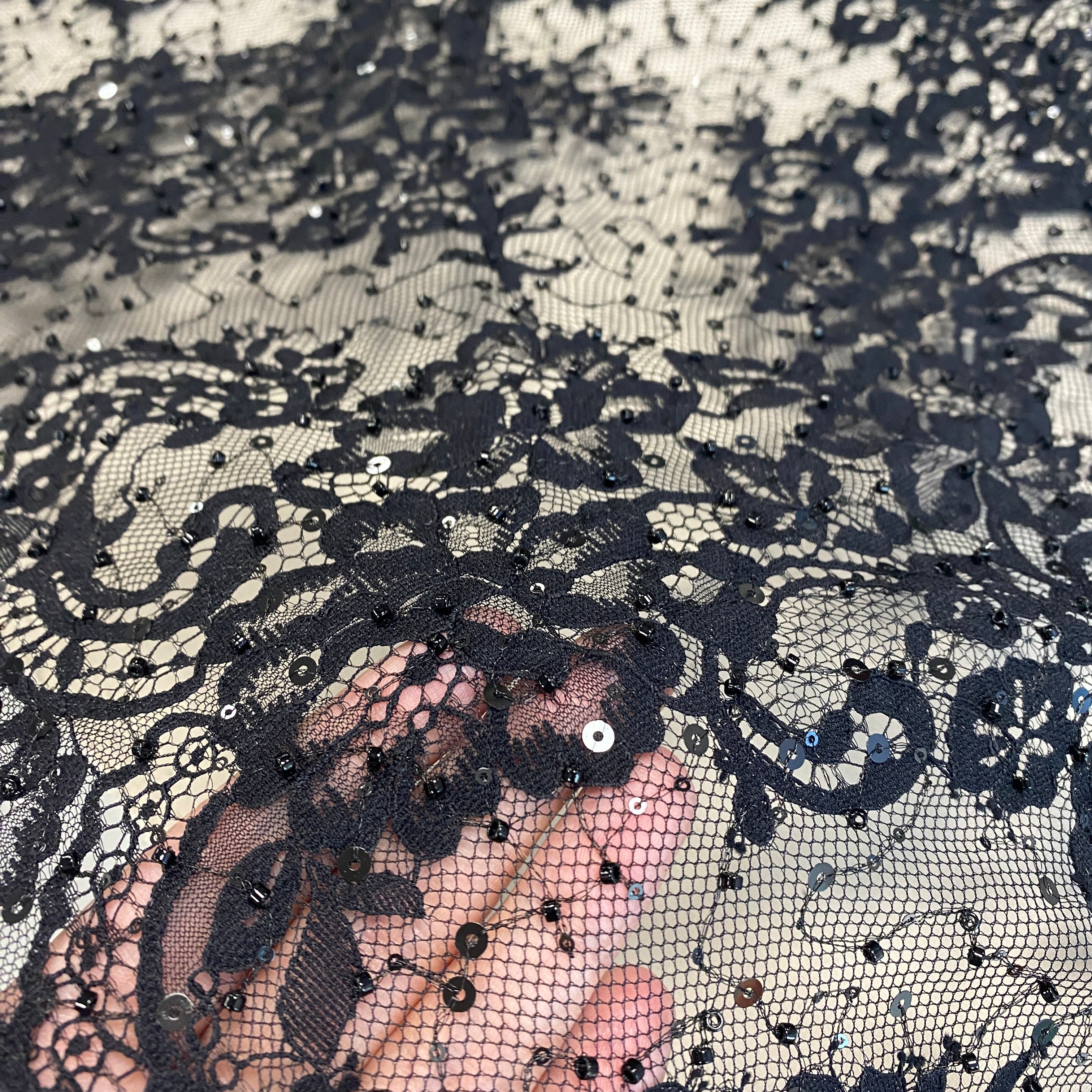 Black Beaded Fine Lace — featuring scalloped edges, eyelash detail and floral motifs, in nylon and viscose, 130cm wide