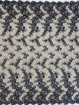 Black Beaded Fine Lace — featuring scalloped edges, eyelash detail and floral motifs, in nylon and viscose, 130cm wide
