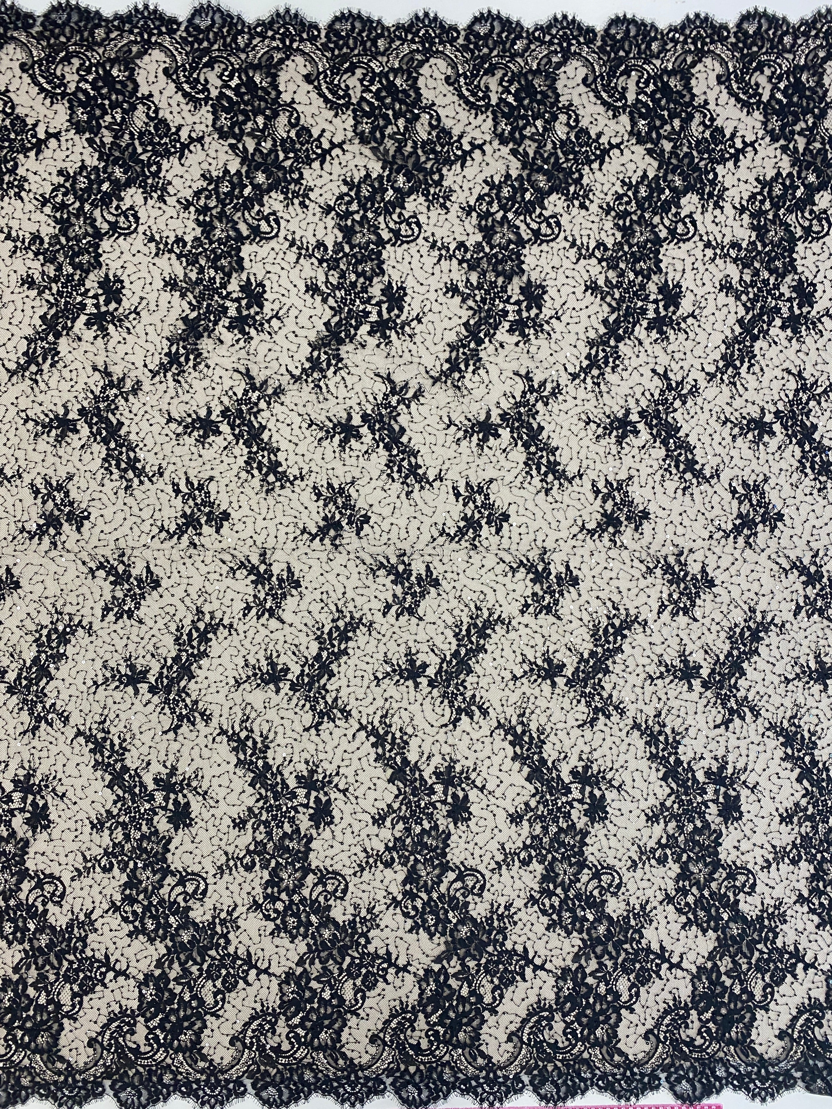 Black Beaded Fine Lace — featuring scalloped edges, eyelash detail and floral motifs, in nylon and viscose, 130cm wide
