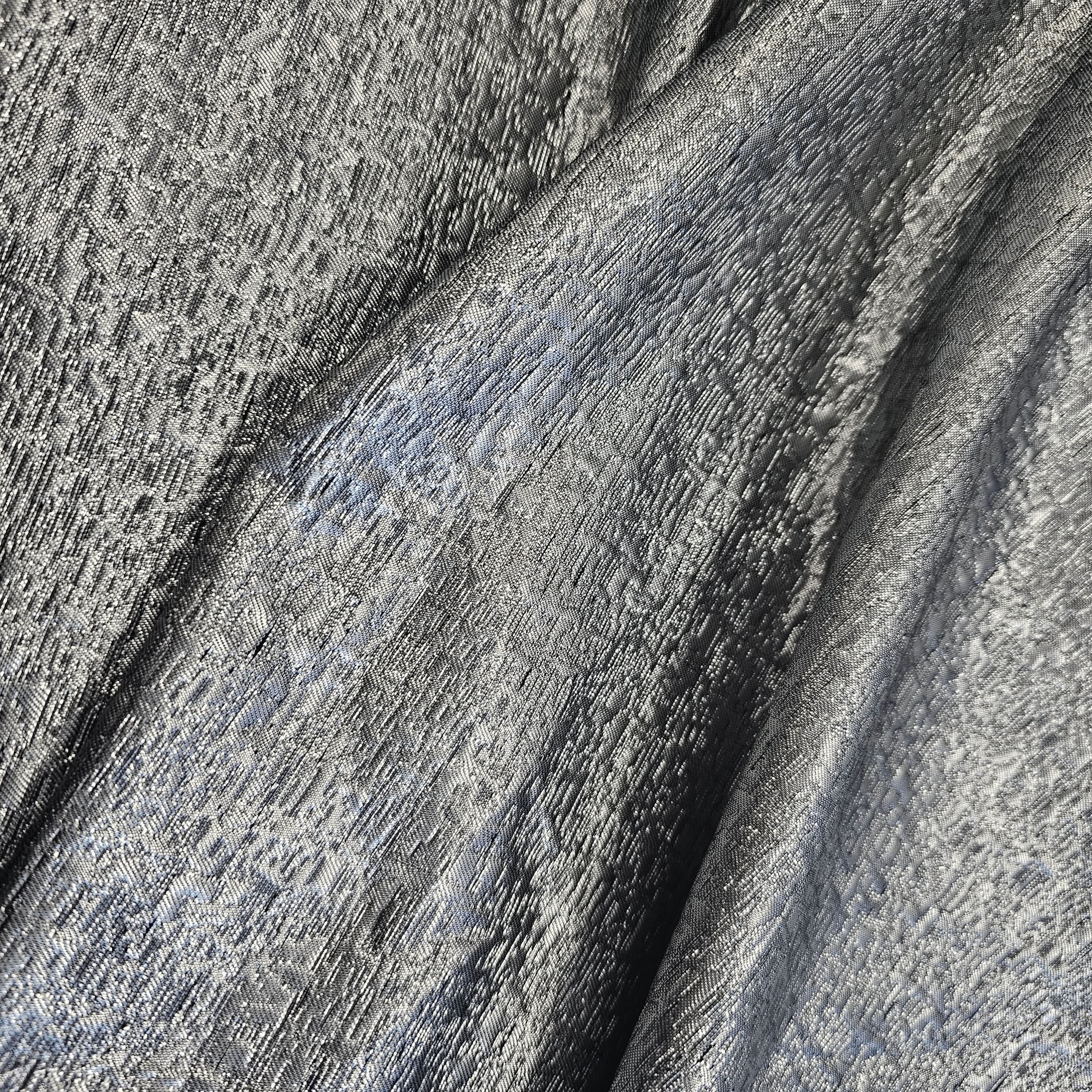 Gunmetal Metallic Jacquard — featuring a woven metallic jacquard design with a soft feel and stiff drape, 140cm wide