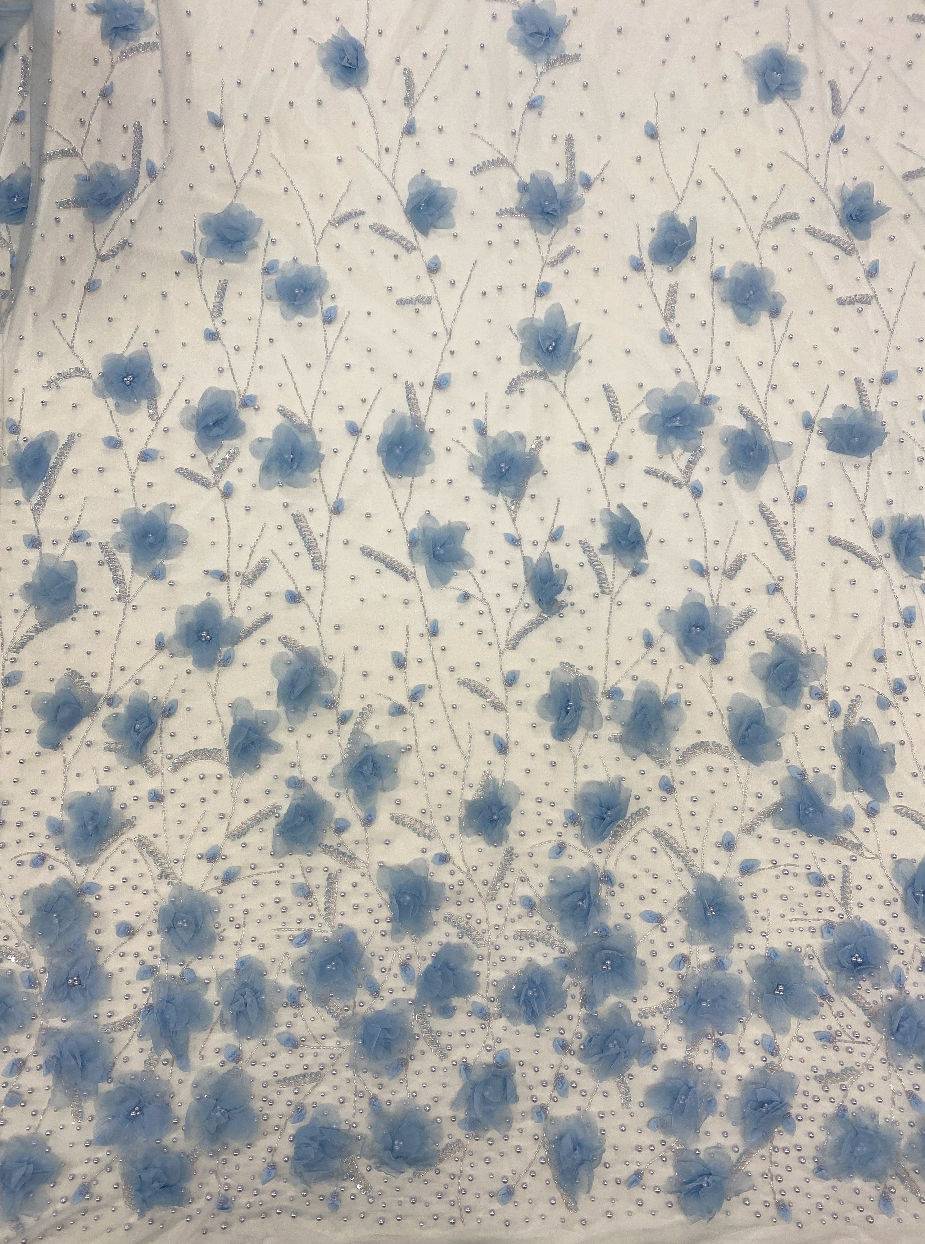 Pale Blue Embellished 3D Tulle — featuring floral motifs, a 3D floral design and hand-beading, 100% nylon, 140cm wide