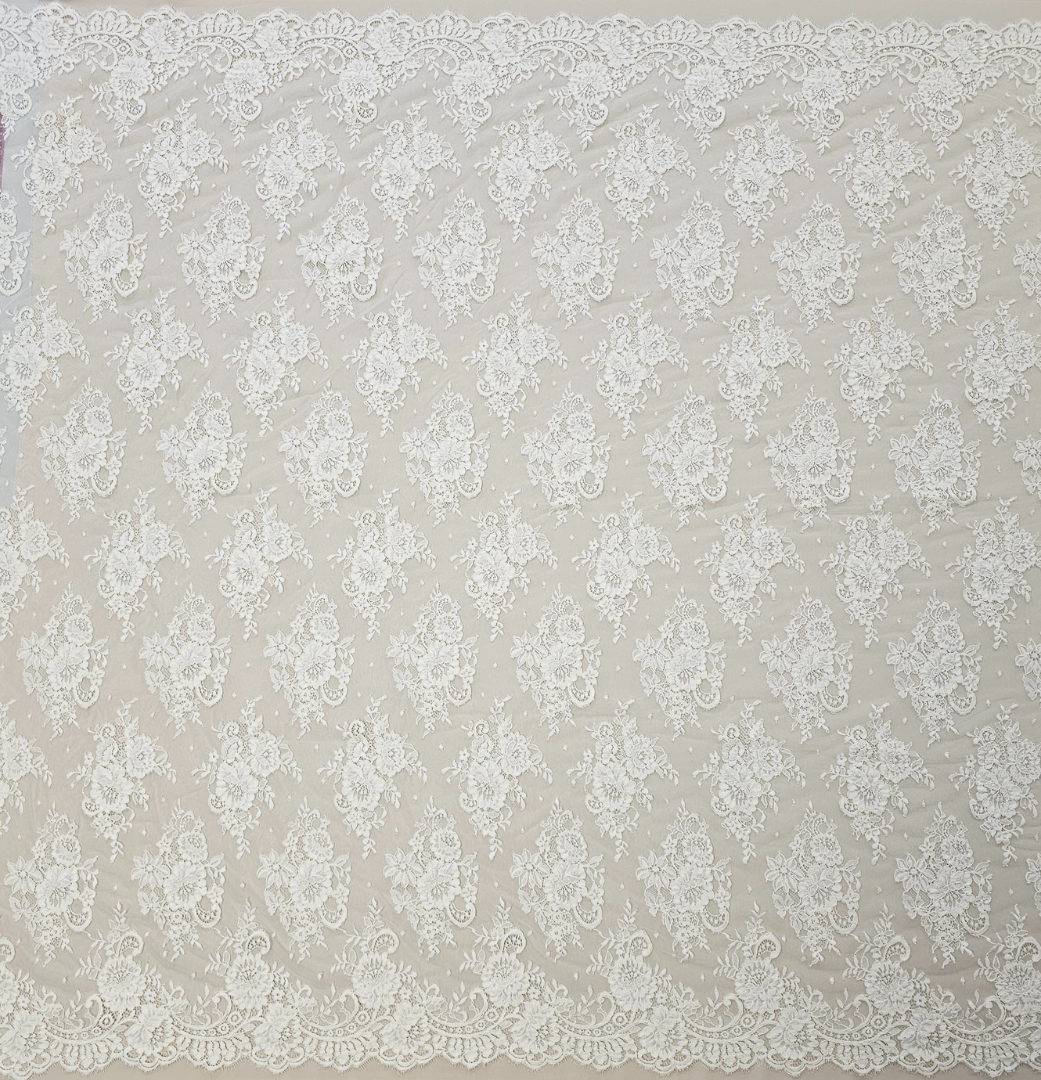 Mid Ivory Floral Corded Lace — featuring scalloped edges, floral motifs and a corded texture, 140cm wide
