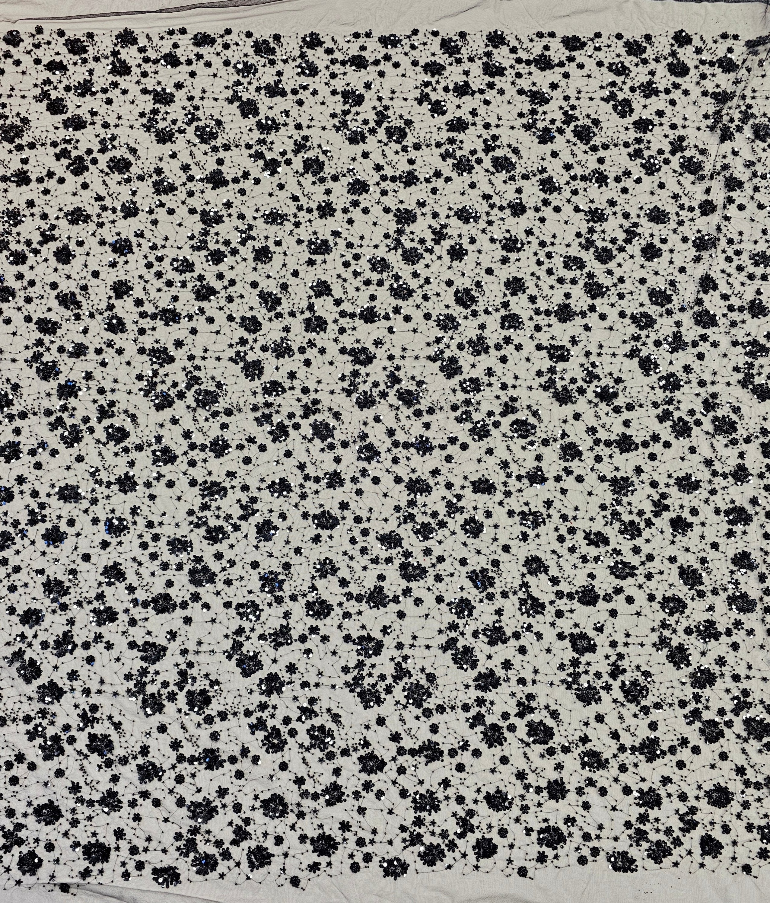 Black Sequin Tulle — featuring hand-beading and sequins, 50% rayon 50% nylon, 130cm wide