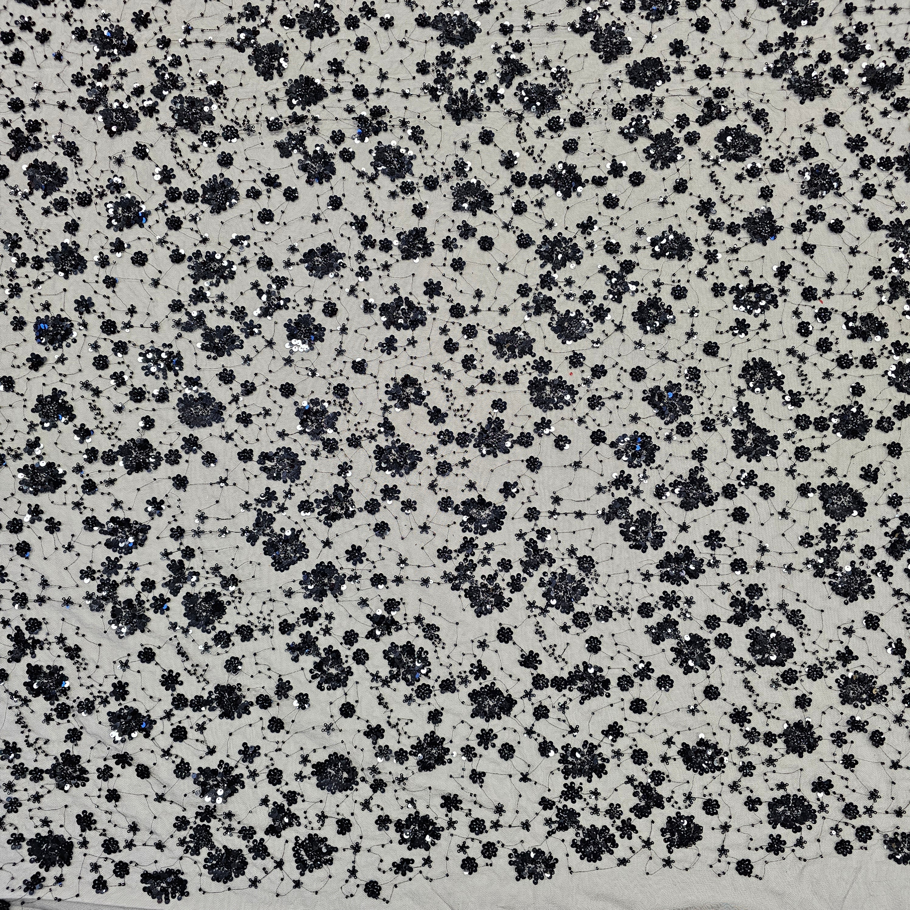 Black Sequin Tulle — featuring hand-beading and sequins, 50% rayon 50% nylon, 130cm wide