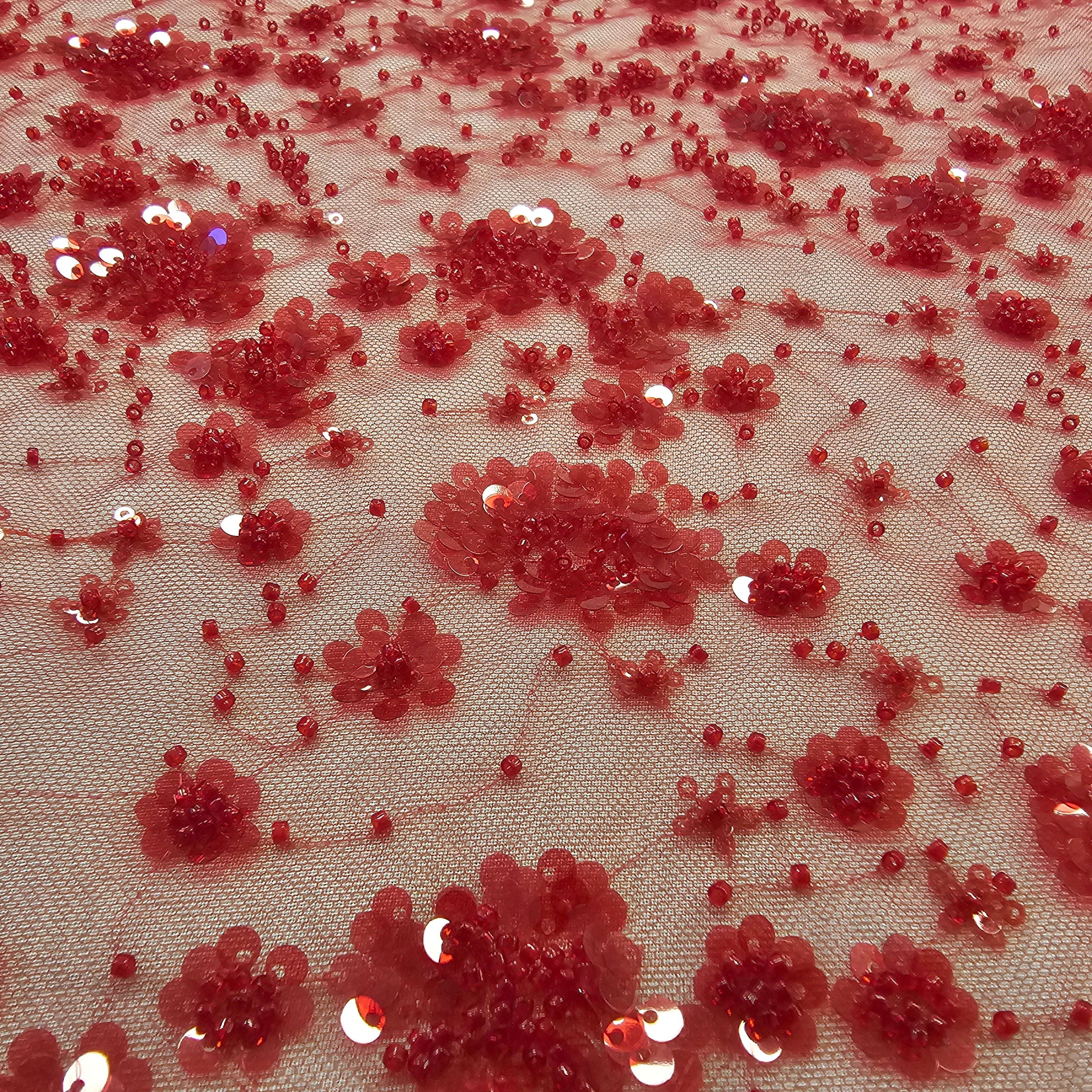 Deep Red Sequin Tulle — featuring hand-beading and sequins, 50% rayon 50% nylon, 130cm wide