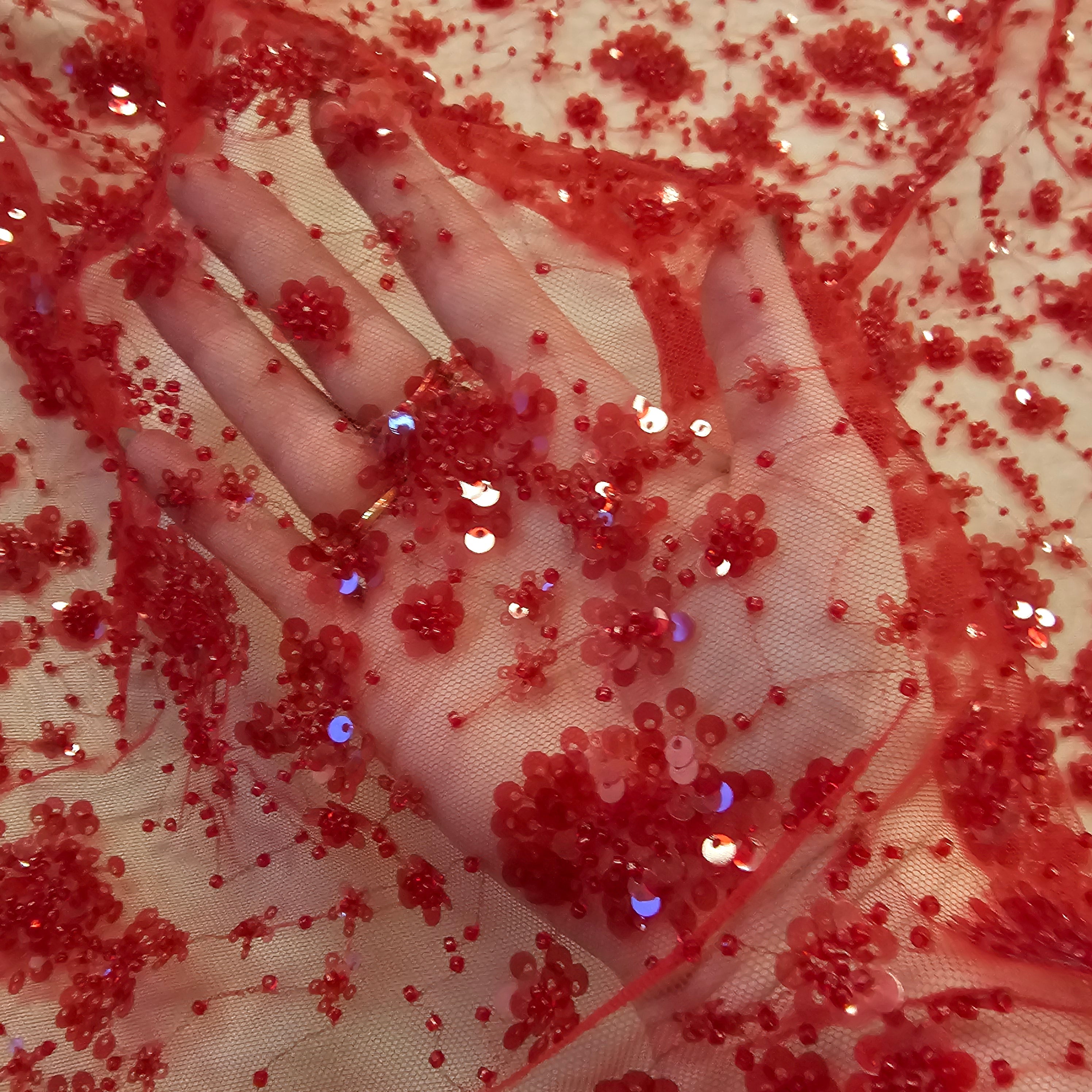 Deep Red Sequin Tulle — featuring hand-beading and sequins, 50% rayon 50% nylon, 130cm wide