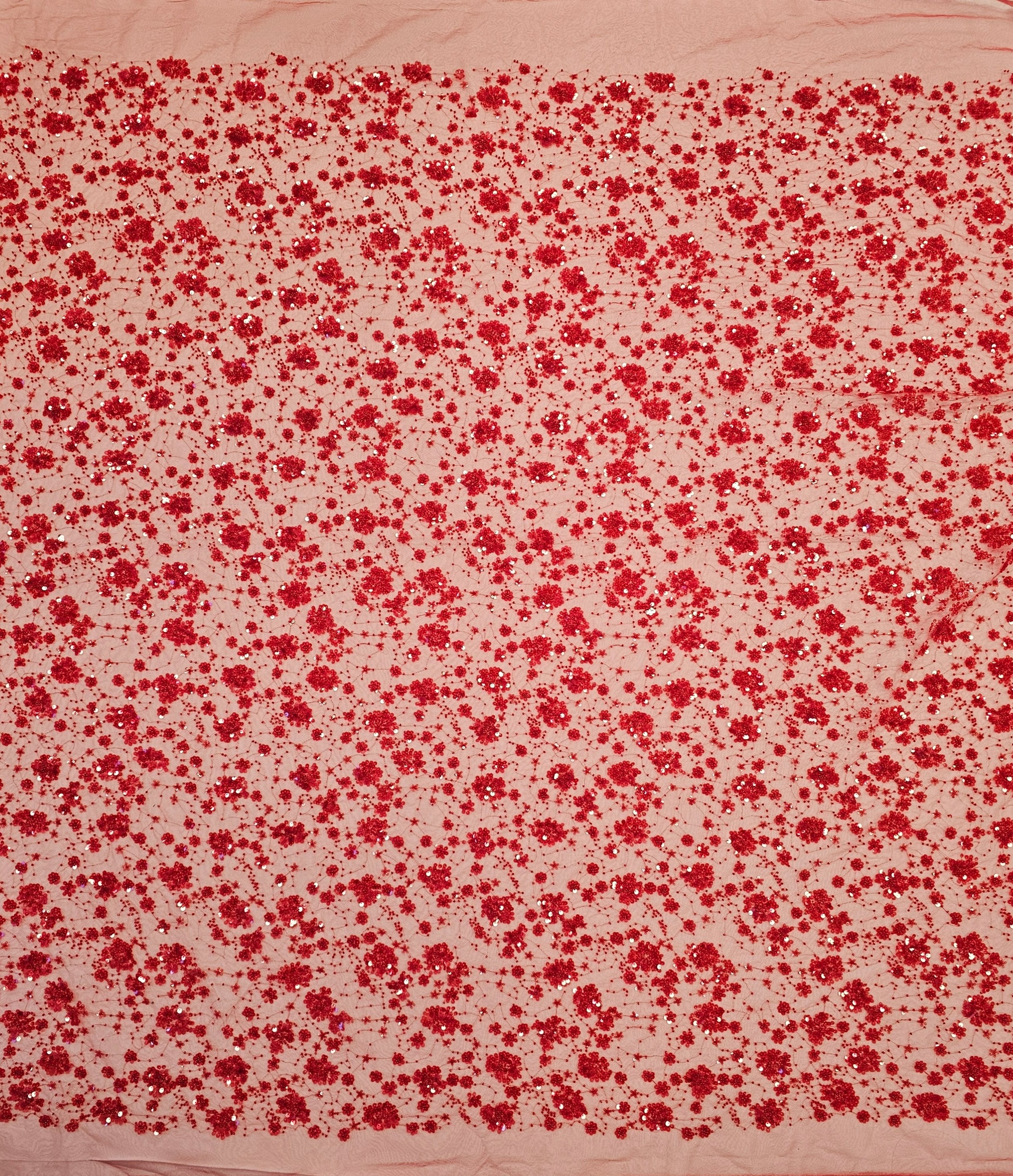 Deep Red Sequin Tulle — featuring hand-beading and sequins, 50% rayon 50% nylon, 130cm wide