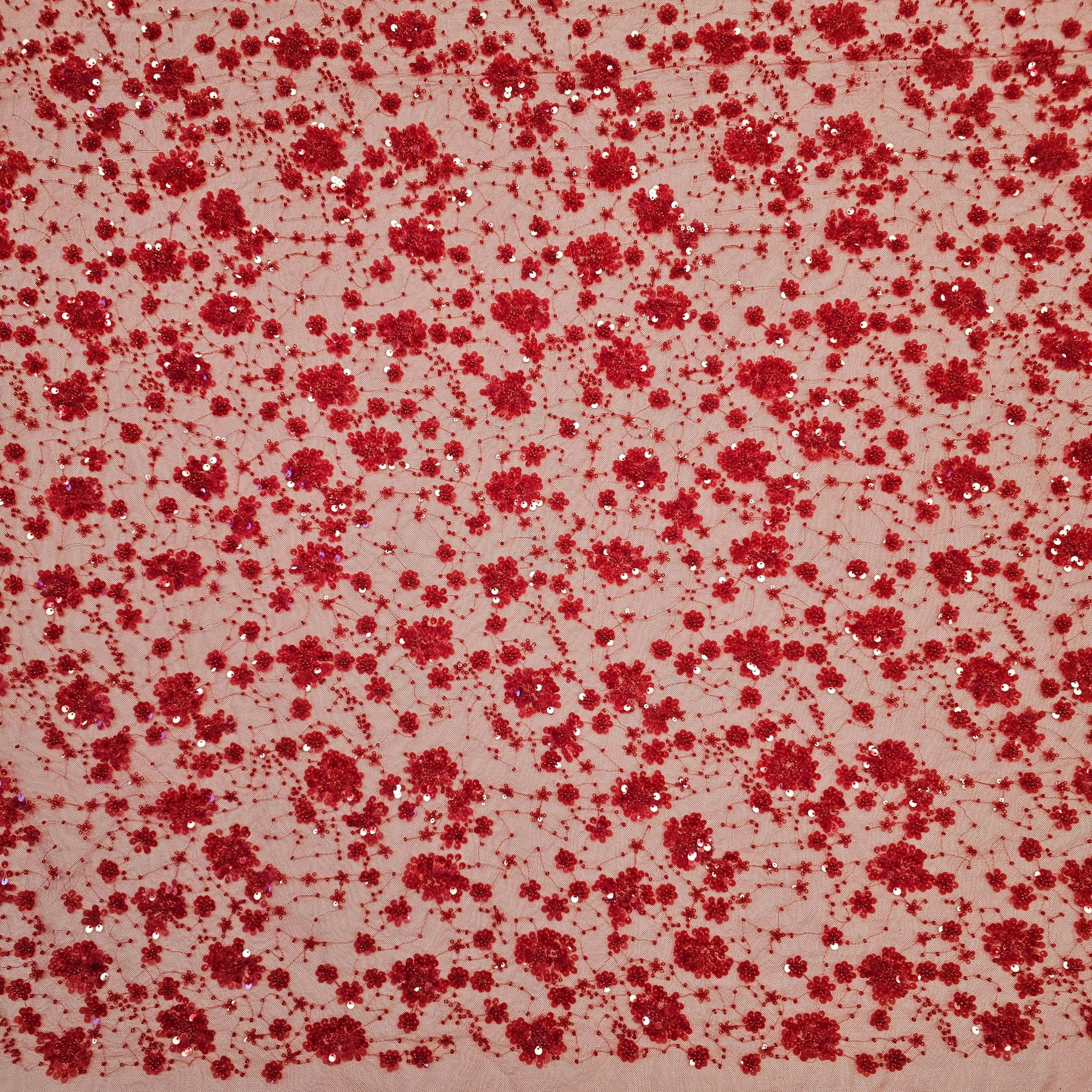Deep Red Sequin Tulle — featuring hand-beading and sequins, 50% rayon 50% nylon, 130cm wide