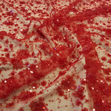 Deep Red Sequin Tulle — featuring hand-beading and sequins, 50% rayon 50% nylon, 130cm wide