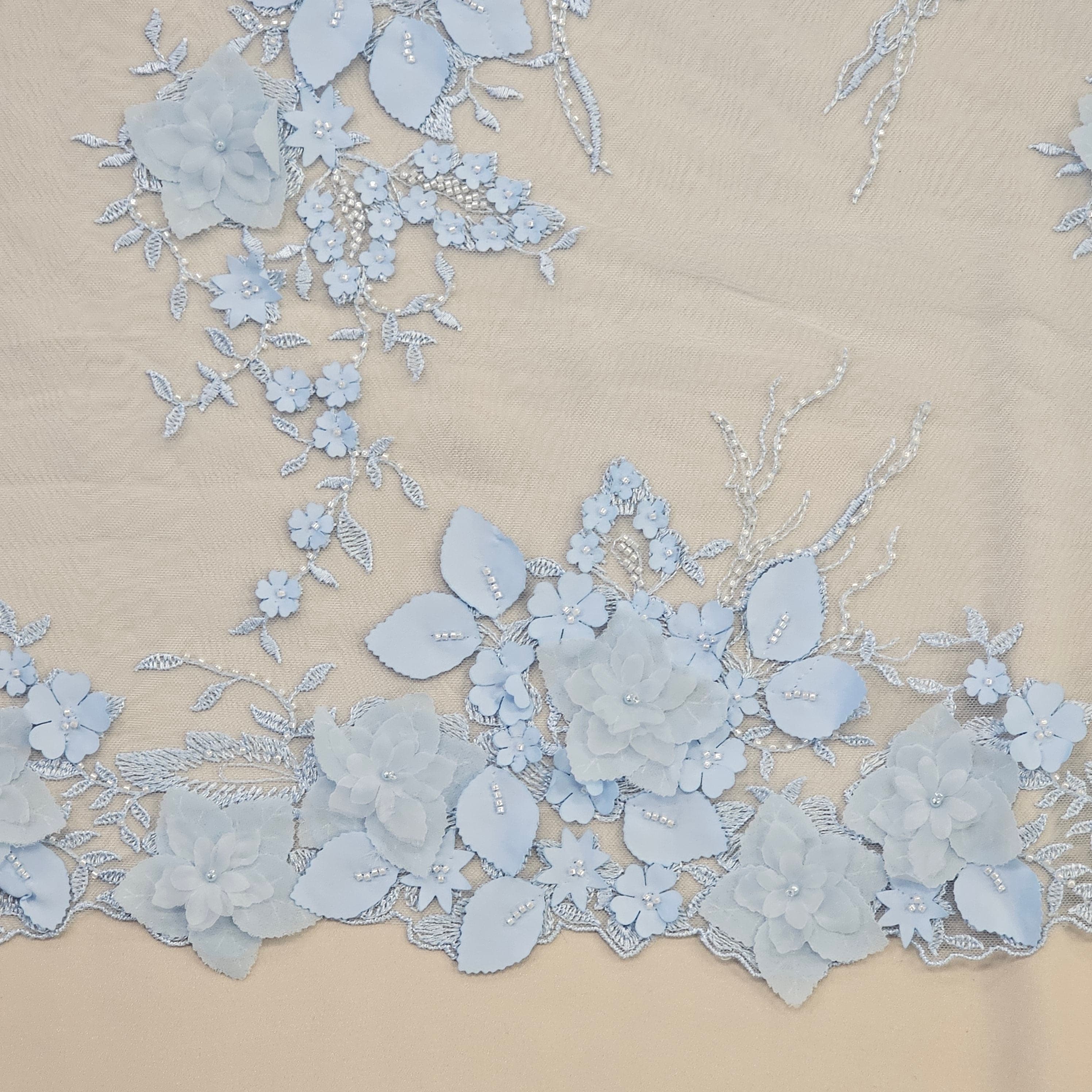 Cornflower Embellished 3-D Floral Tulle — featuring laser-cut 3-D floral bouquets and a bordered design