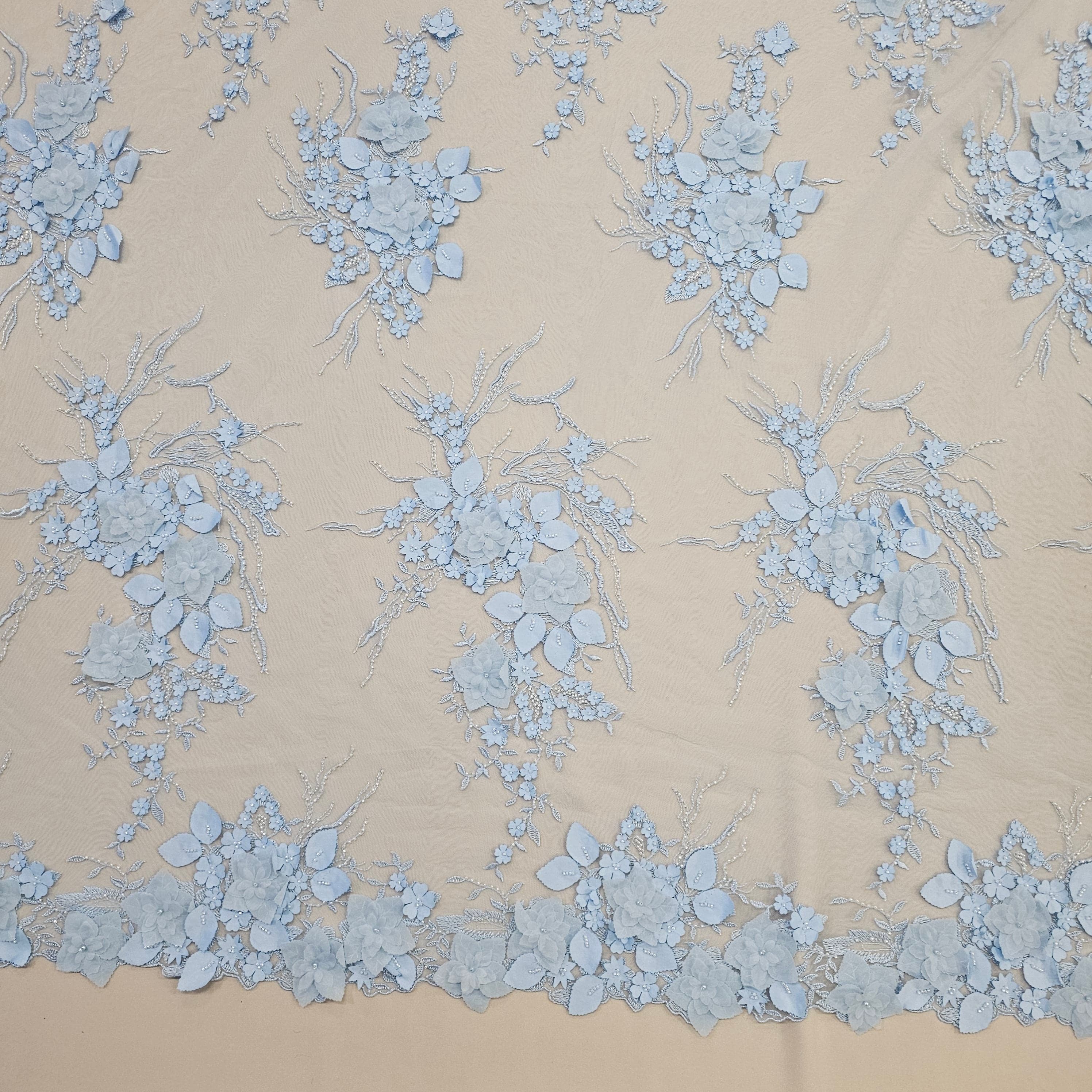 Cornflower Embellished 3-D Floral Tulle — featuring laser-cut 3-D floral bouquets and a bordered design