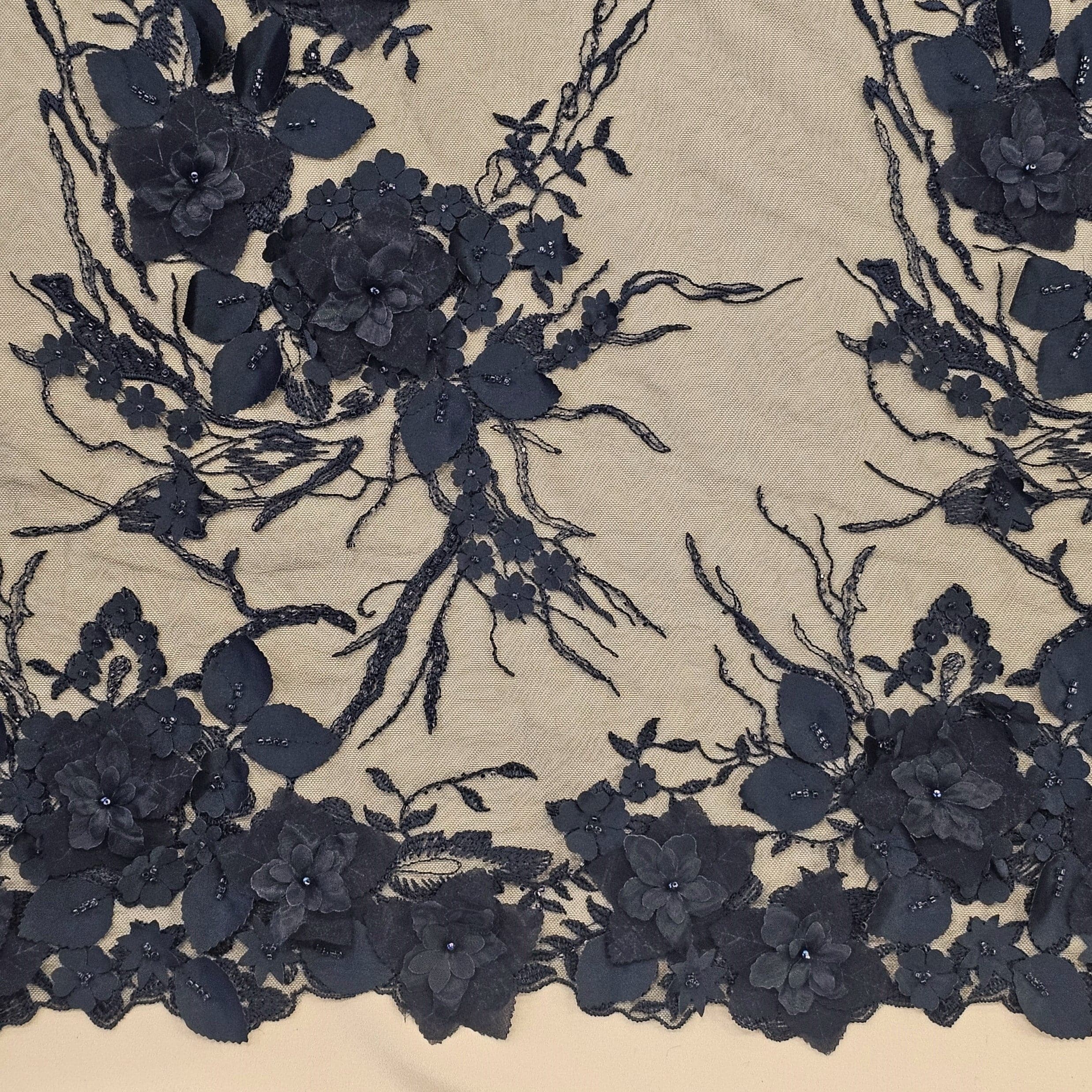 Navy Embellished 3-D Floral Tulle — featuring laser-cut 3-D floral bouquets and a bordered design