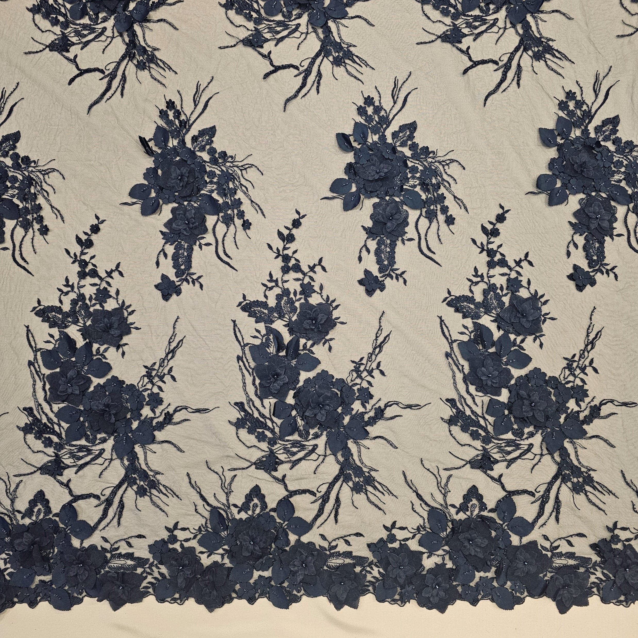 Navy Embellished 3-D Floral Tulle — featuring laser-cut 3-D floral bouquets and a bordered design