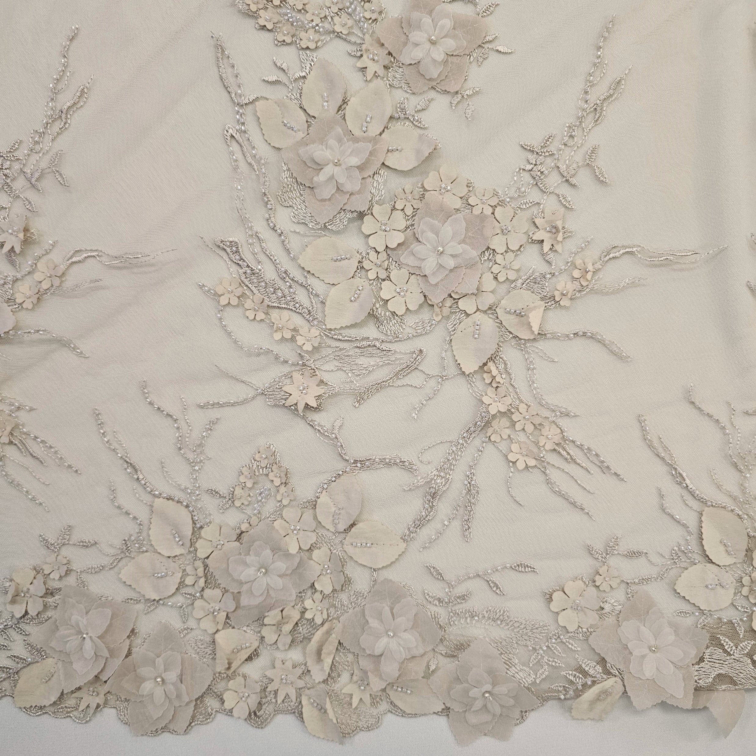 Sand Embellished 3-D Floral Tulle — featuring laser-cut 3-D floral bouquets and a bordered design