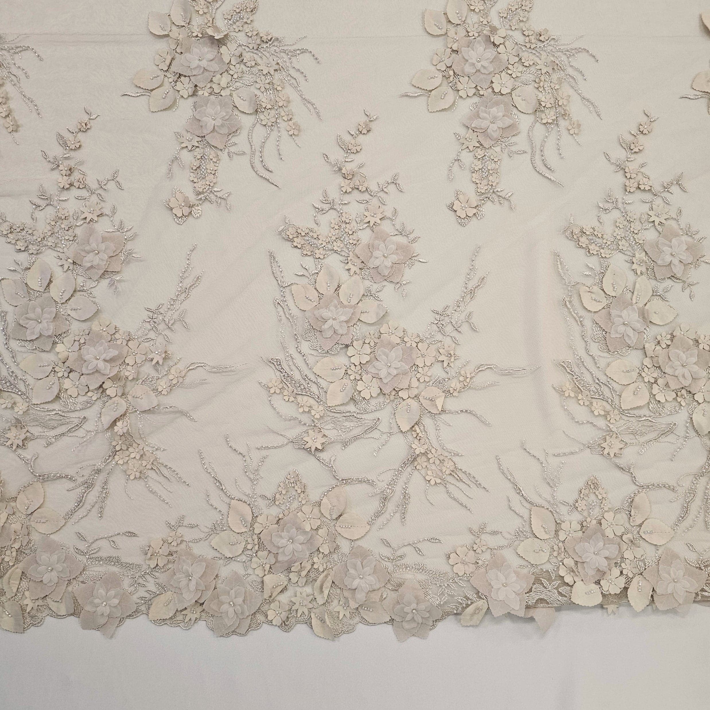 Sand Embellished 3-D Floral Tulle — featuring laser-cut 3-D floral bouquets and a bordered design