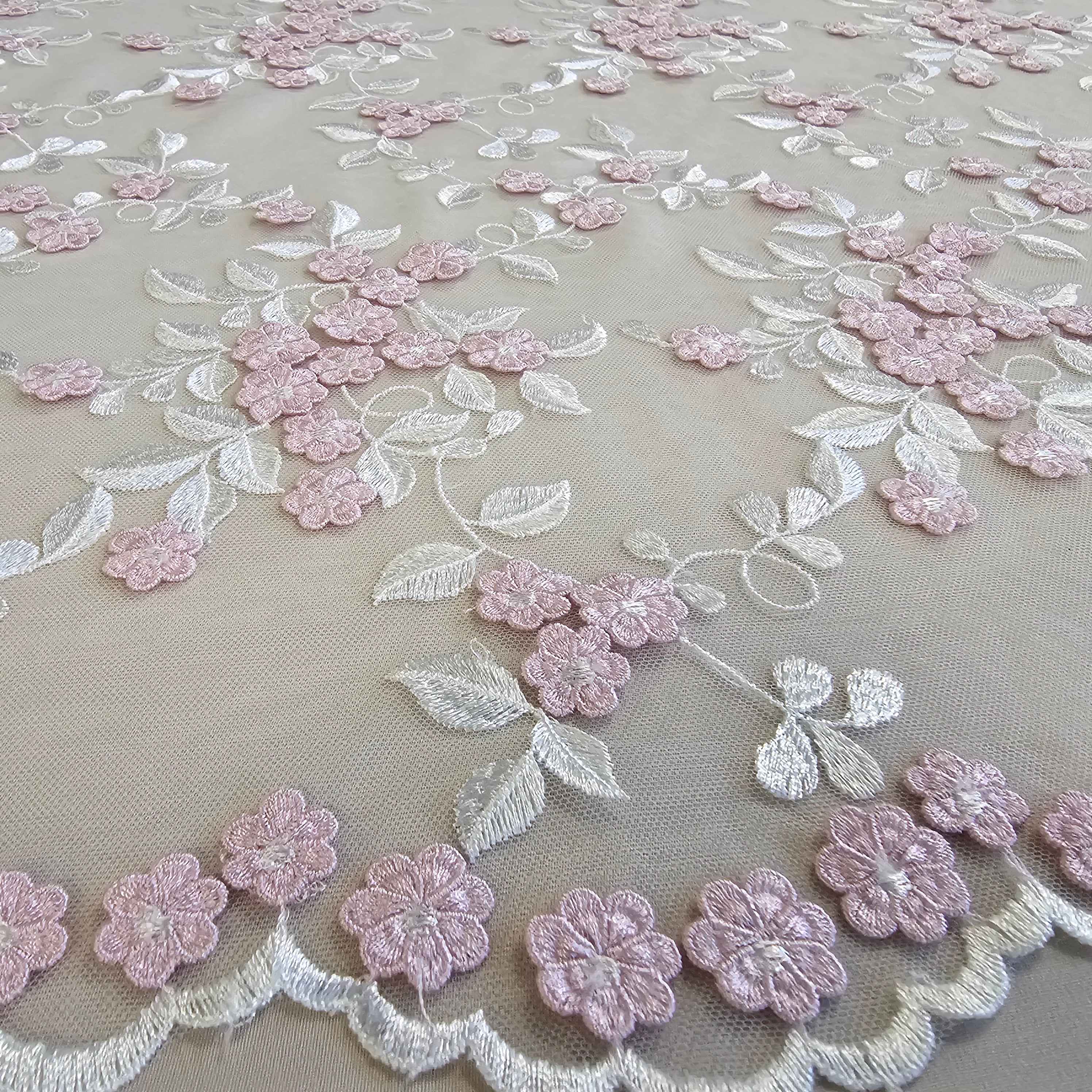 Ivory / Pink Embroidered Floral Tulle — featuring floral motifs, 50% rayon 50% nylon, 140cm wide