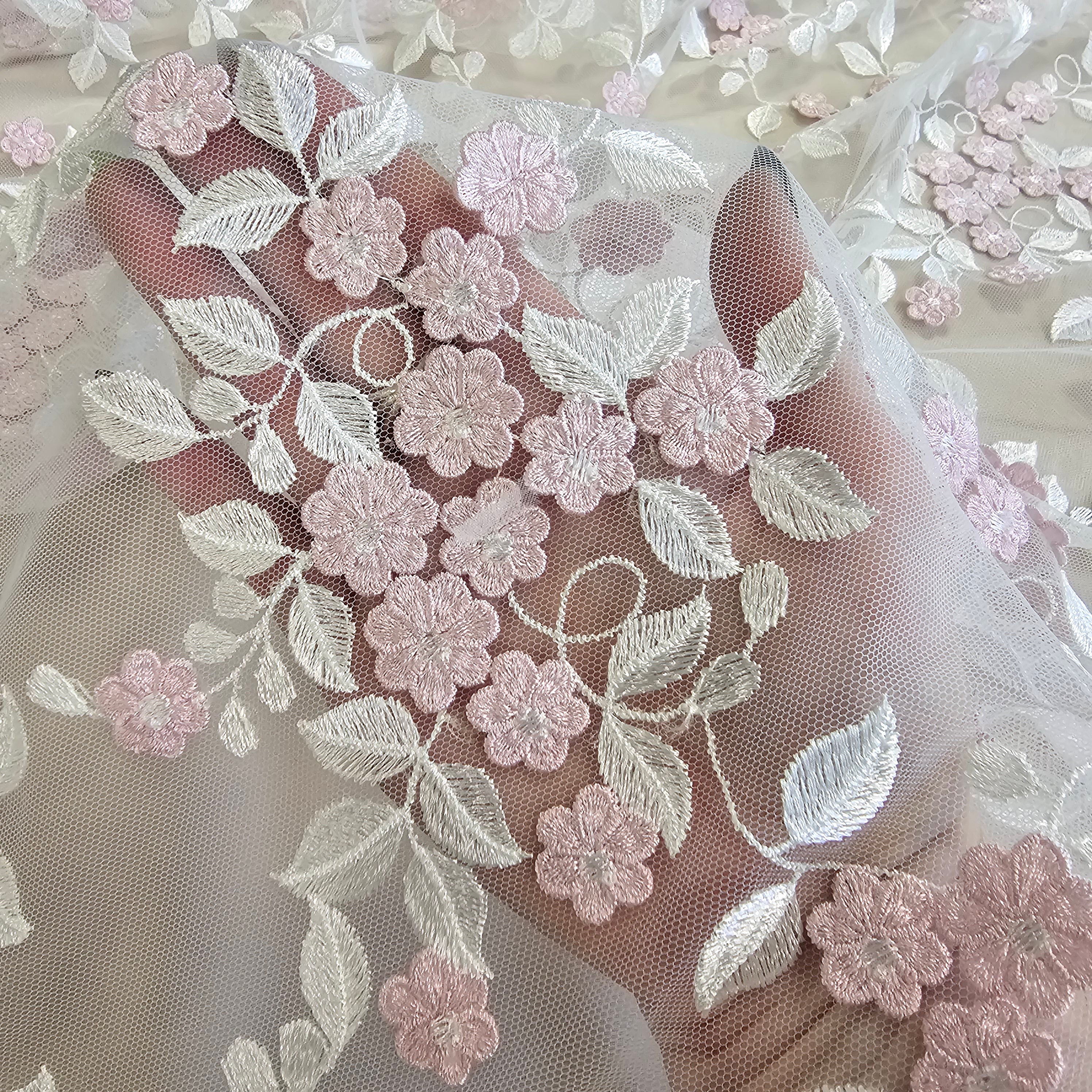 Ivory / Pink Embroidered Floral Tulle — featuring floral motifs, 50% rayon 50% nylon, 140cm wide