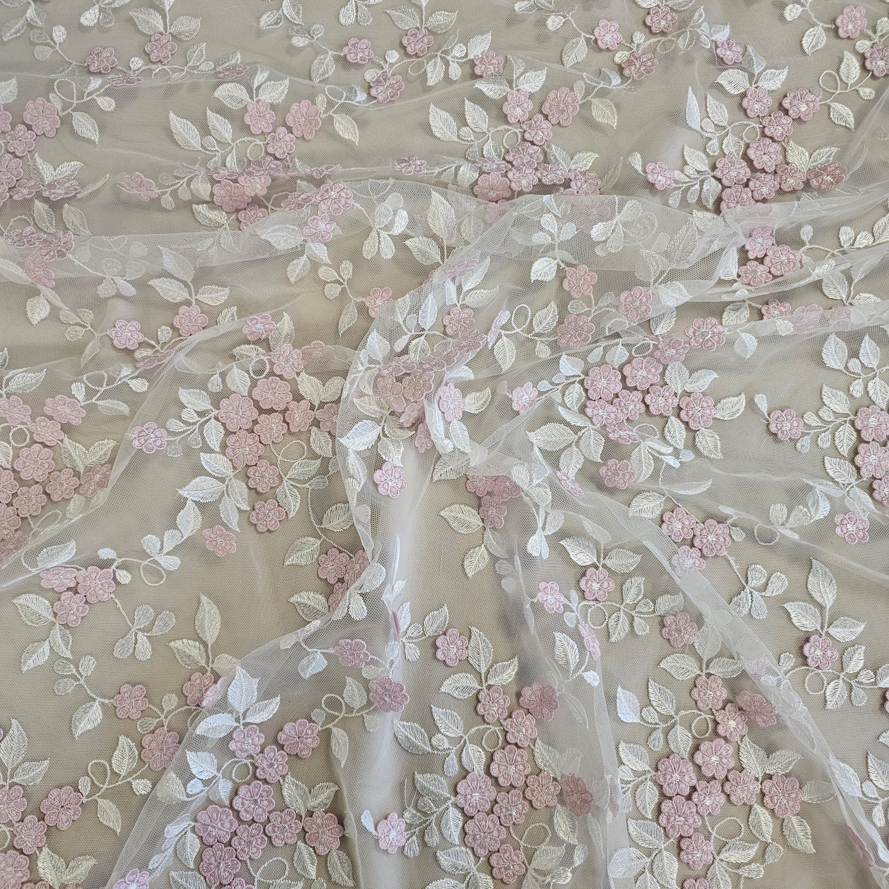 Ivory / Pink Embroidered Floral Tulle — featuring floral motifs, 50% rayon 50% nylon, 140cm wide