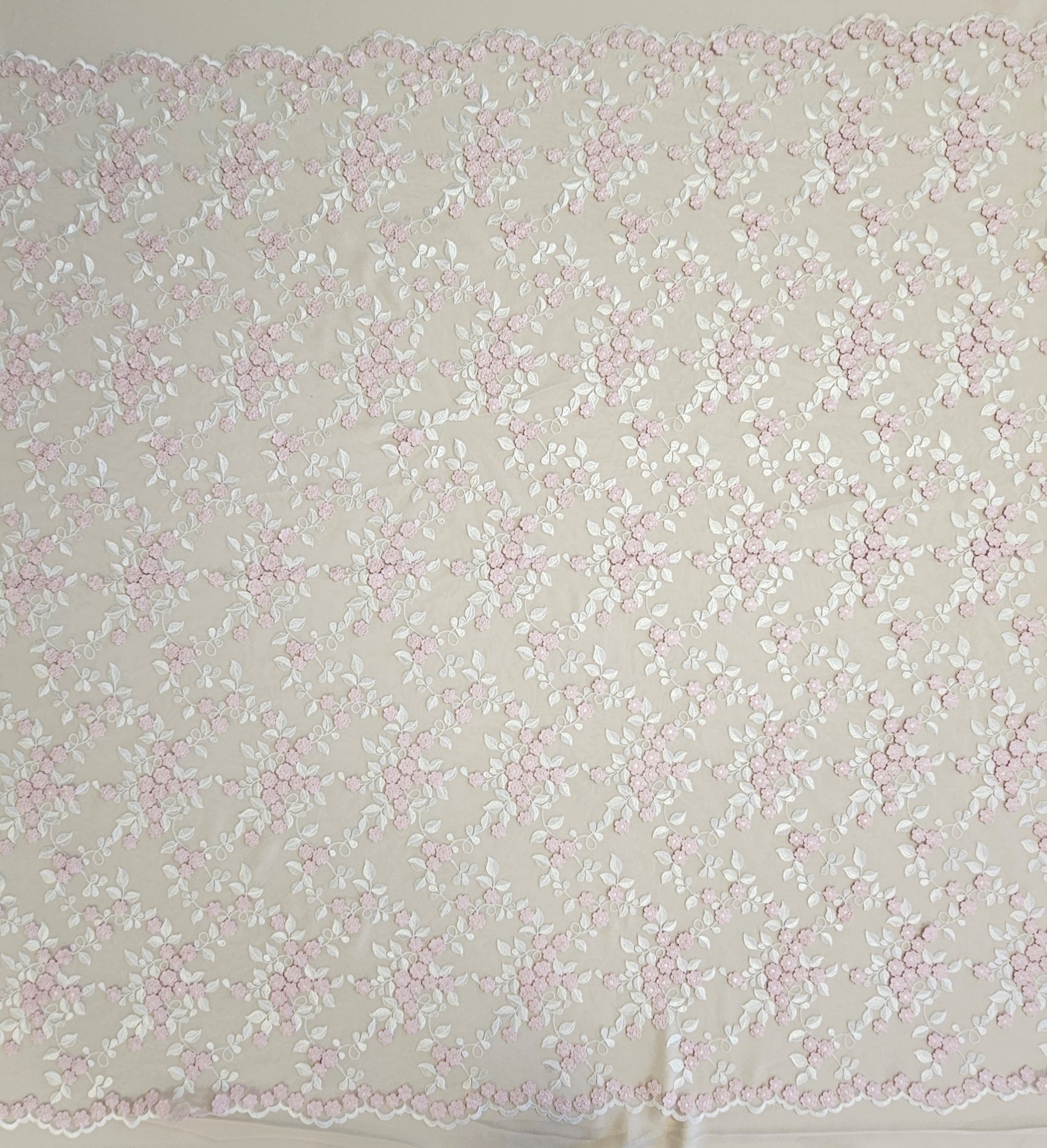 Ivory / Pink Embroidered Floral Tulle — featuring floral motifs, 50% rayon 50% nylon, 140cm wide