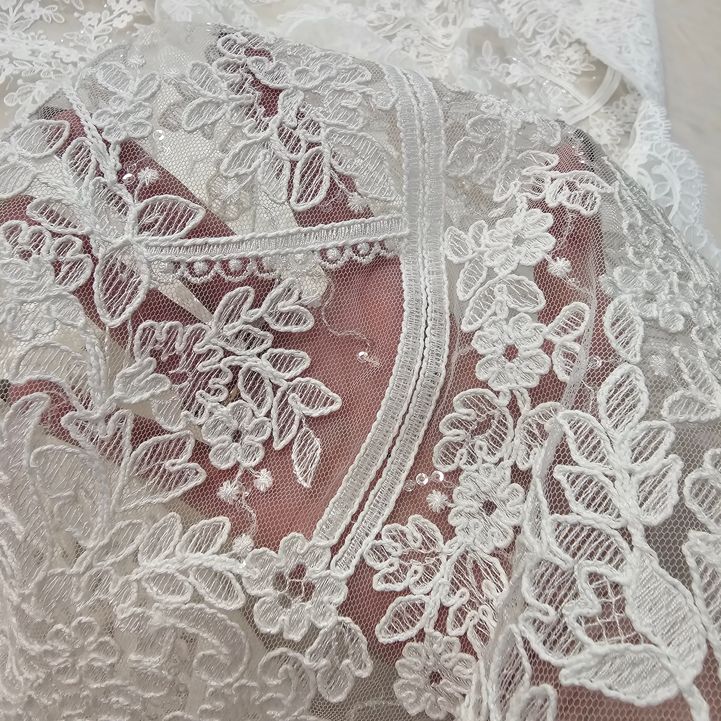 Ivory Embroidered Corded Tulle — featuring scalloped edges and a corded texture, 60% rayon 40% nylon, 130cm wide
