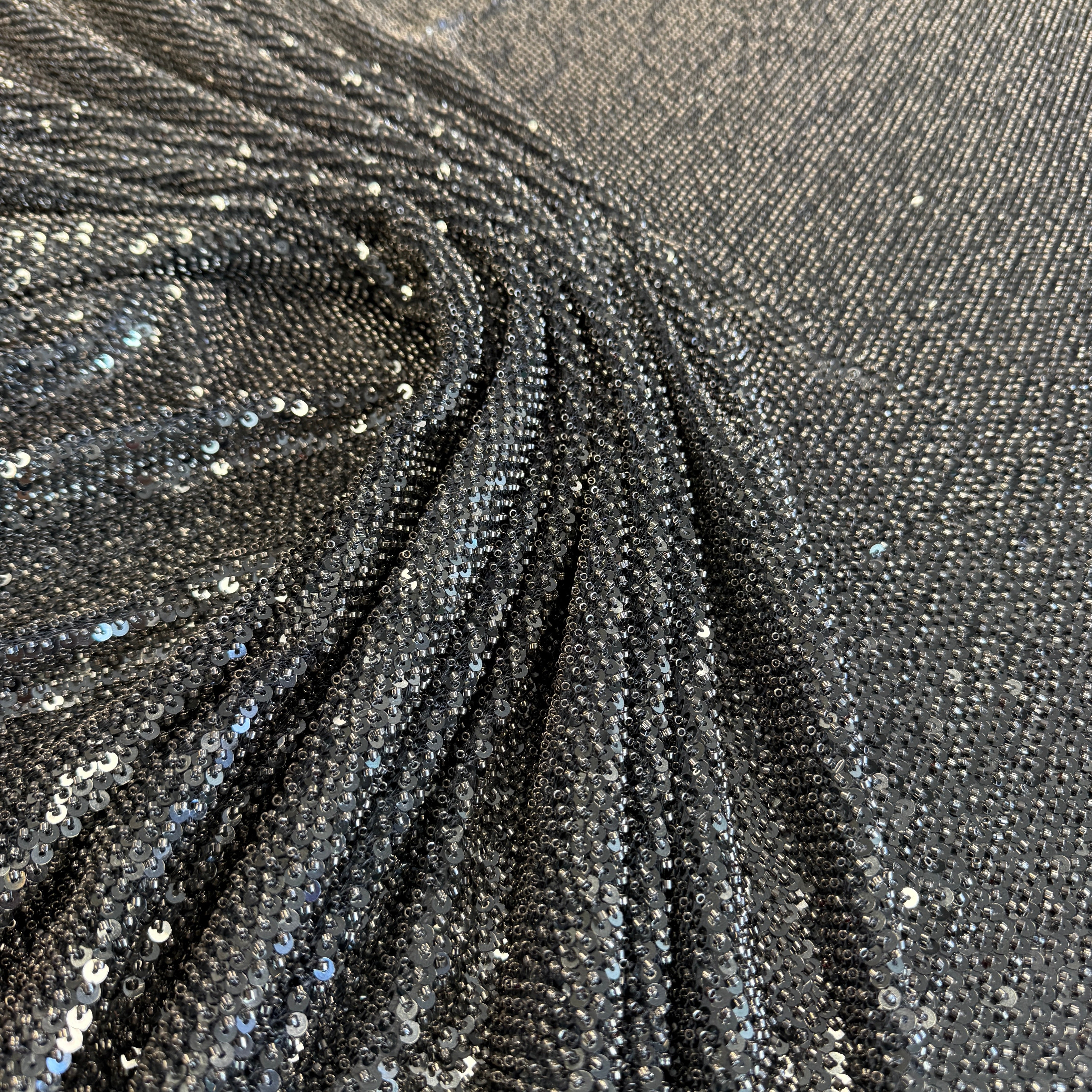 Gunmetal Sequined Tulle — featuring hand-beading and sequins, 50% rayon 50% nylon, 130cm wide