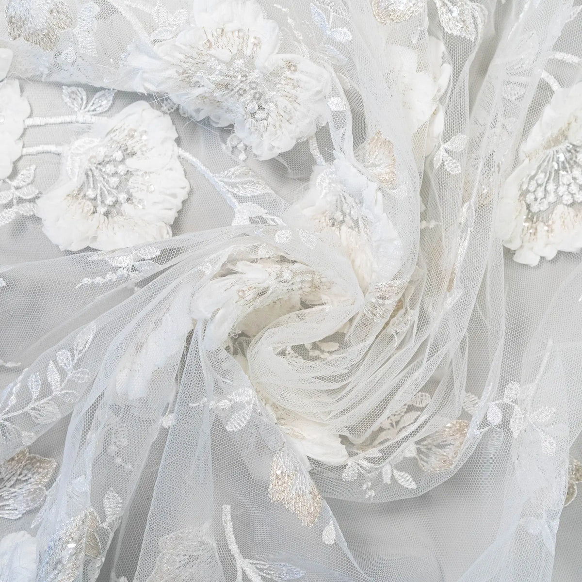 3D Chiffon Flower Embroidered Tulle (LV14772) - Ivory