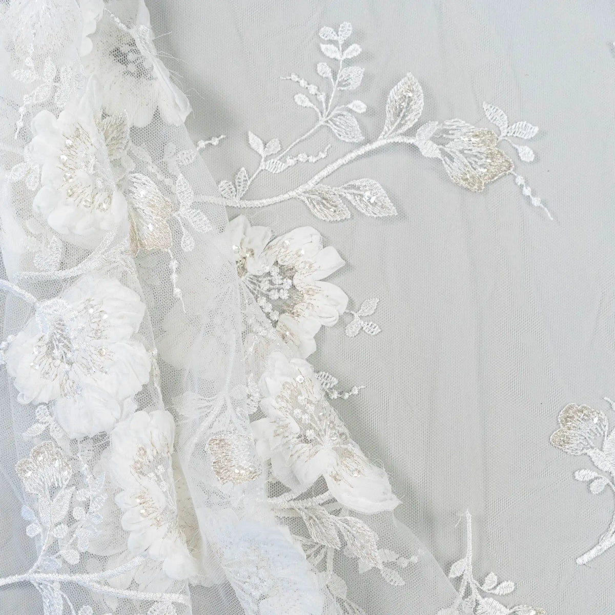 3D Chiffon Flower Embroidered Tulle (LV14772) - Ivory