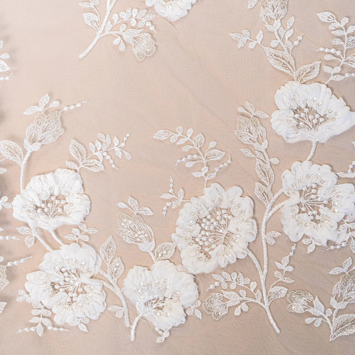 3D Chiffon Flower Embroidered Tulle (LV14772) - Ivory