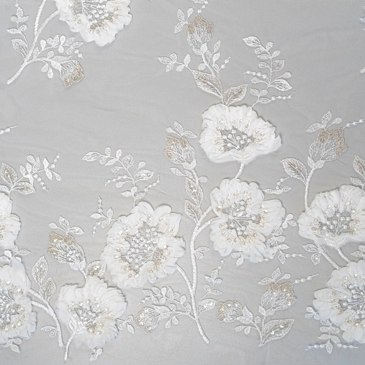 3D Chiffon Flower Embroidered Tulle (LV14772) - Ivory