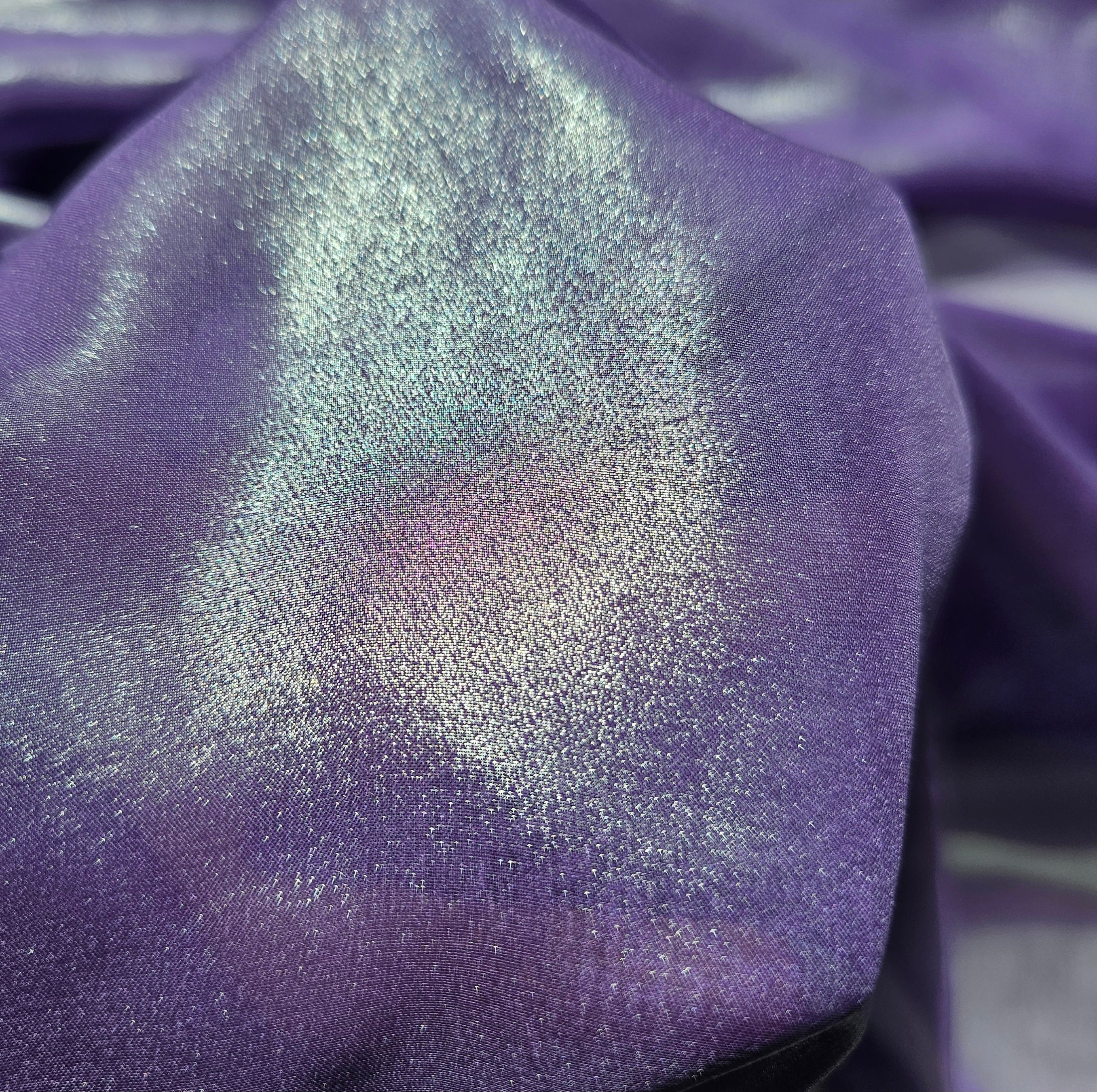 Violet Metallic Poly Chiffon — a lightweight chiffon with a metallic foil print, 100% polyester