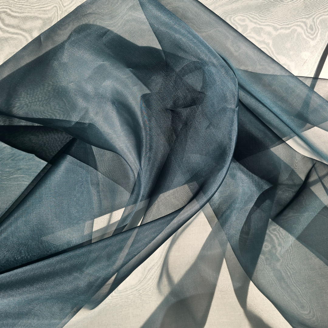 Ocean Silk Organza — lightweight, sheer and smooth with a low-sheen finish, 100% silk, 137cm wide
