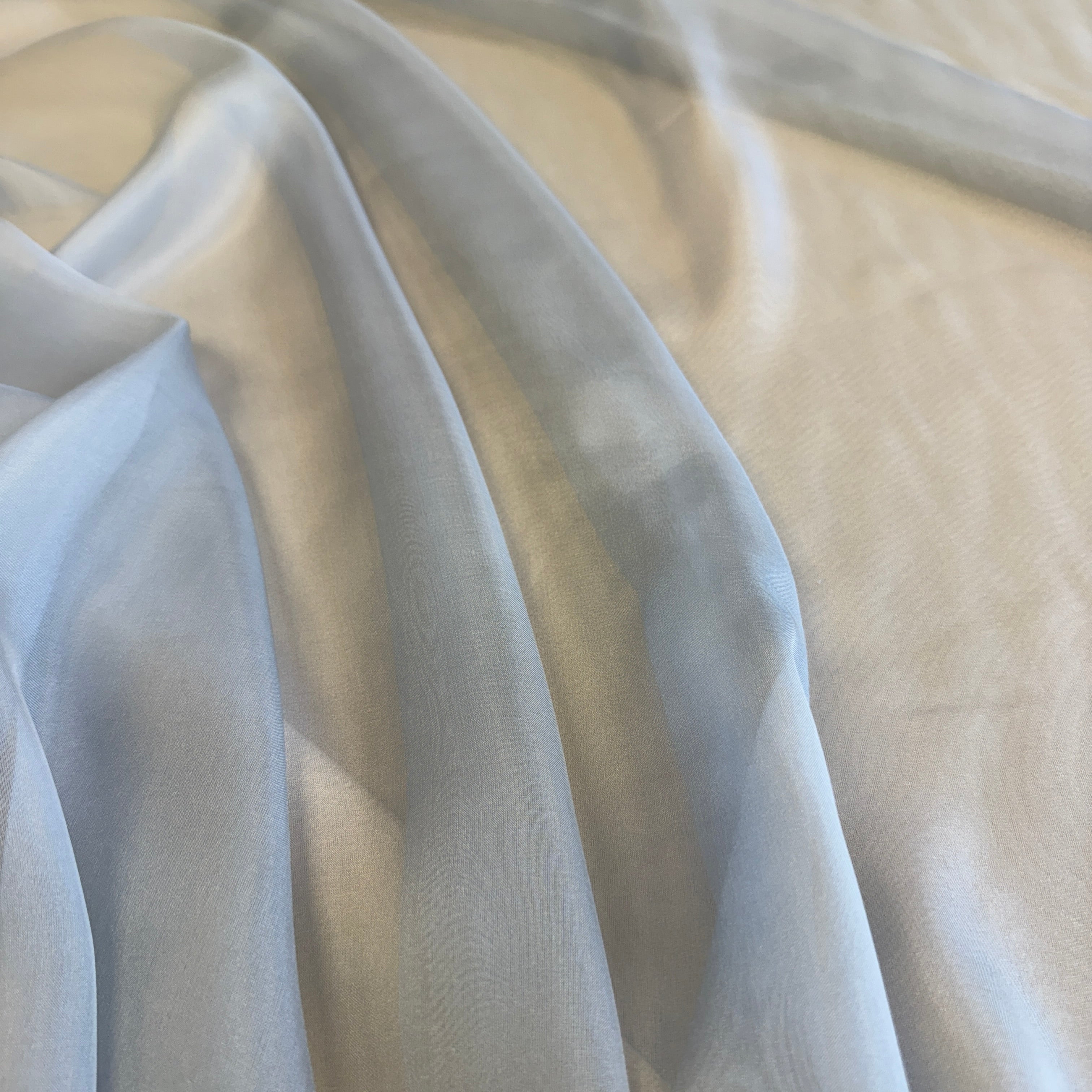 Blue Bell Satin Chiffon — lightweight and sheer with a fluid, airy drape and a smooth satin luster finish, 100% mulberry silk, 140cm wide