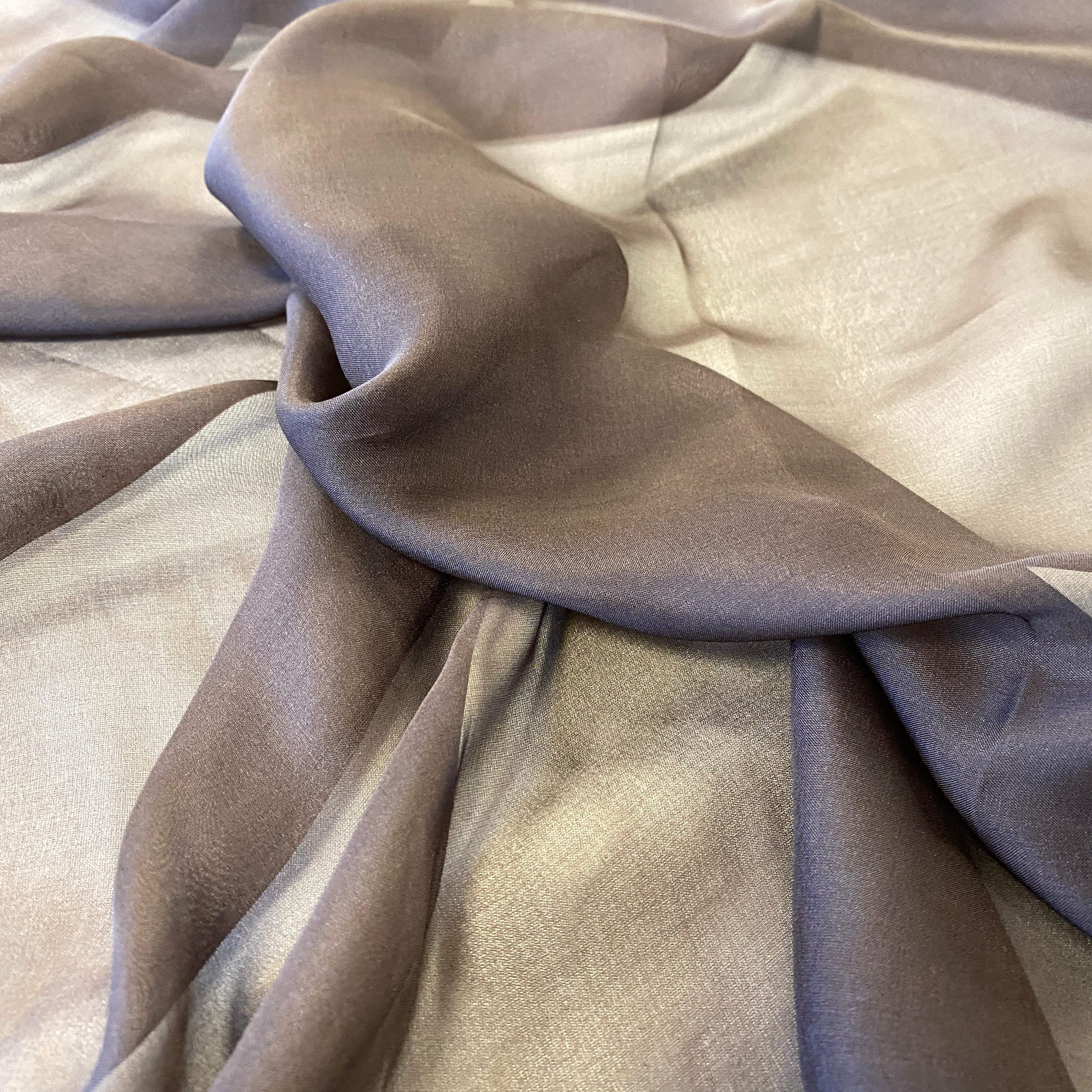 Dark Chocolate Satin Chiffon — lightweight and sheer with a fluid, airy drape and a smooth satin luster finish, 100% mulberry silk, 140cm wide