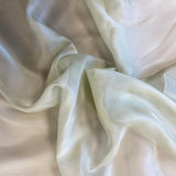 Sage Satin Chiffon — lightweight and sheer with a fluid, airy drape and a smooth satin luster finish, 100% mulberry silk, 140cm wide