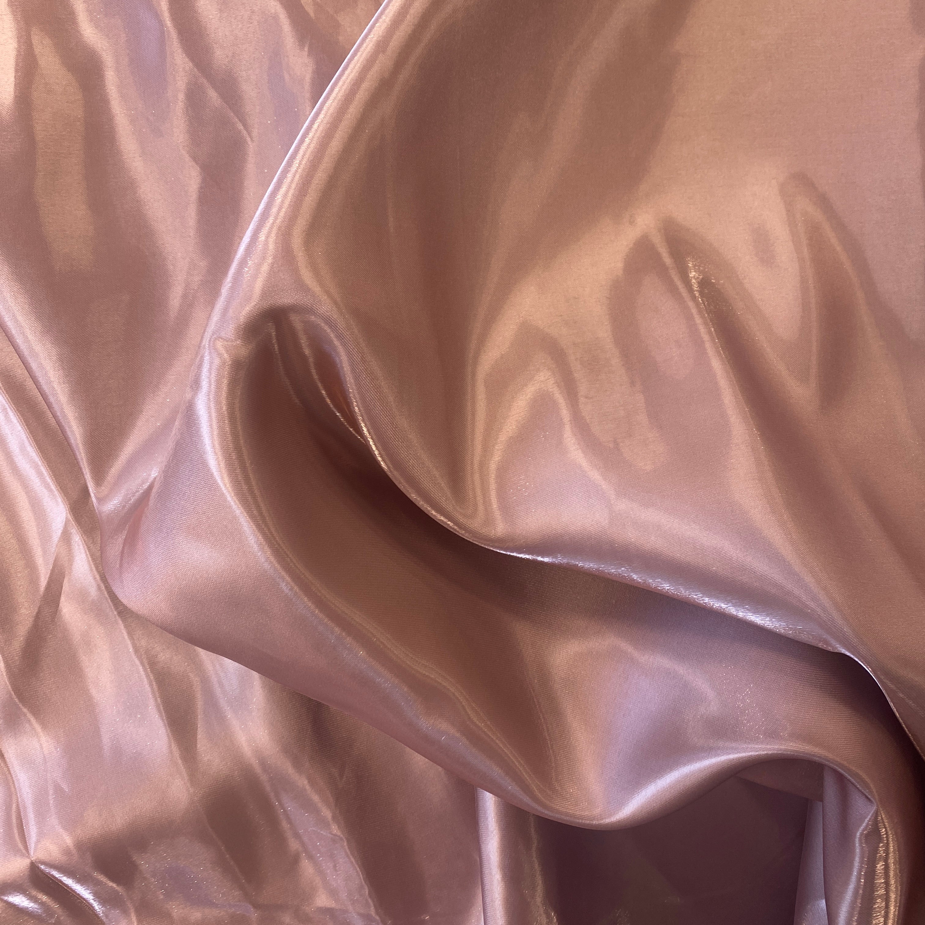 Tea Rose Liquid Satin — smooth and glossy with a liquid, wet-look shimmer, 100% polyester, 150cm wide
