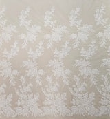 Ivory Floral Embroidered Tulle — featuring floral motifs and a border design, 60% rayon 40% nylon, 140cm wide