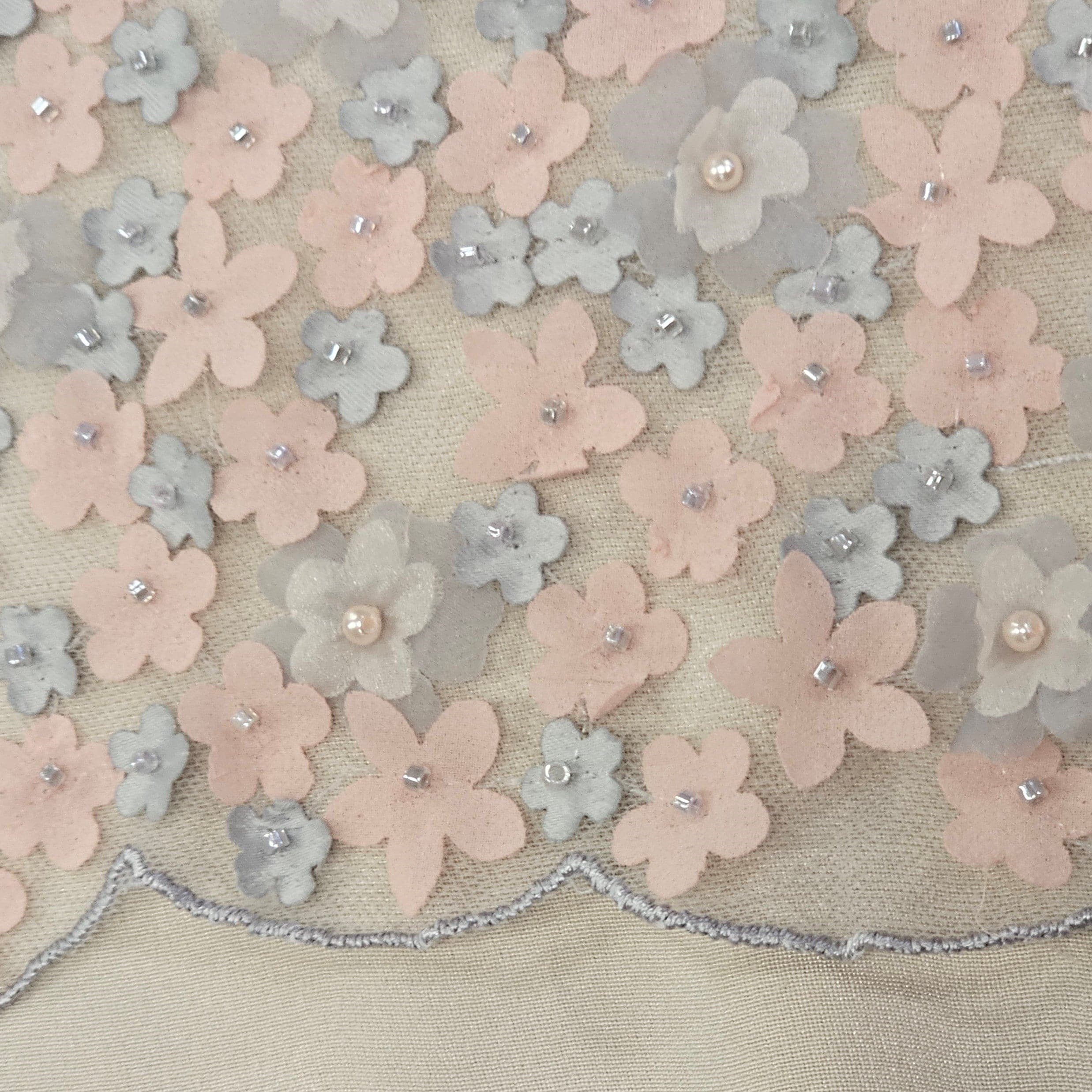 Pink Grey Floral Embellished Tulle — featuring floral motifs, a 3D floral design and hand-beading, 50% nylon 50% rayon, 130cm wide