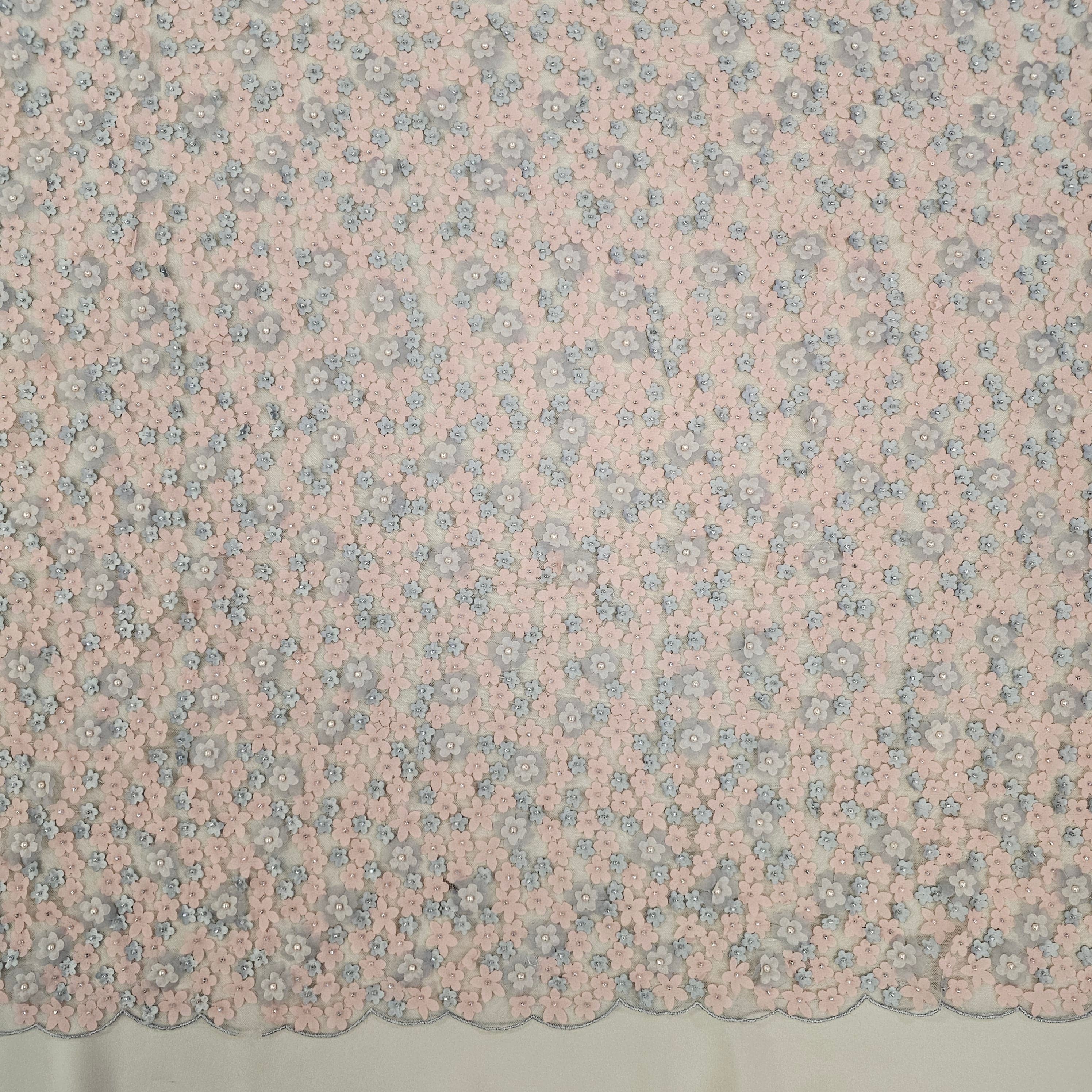 Pink Grey Floral Embellished Tulle — featuring floral motifs, a 3D floral design and hand-beading, 50% nylon 50% rayon, 130cm wide