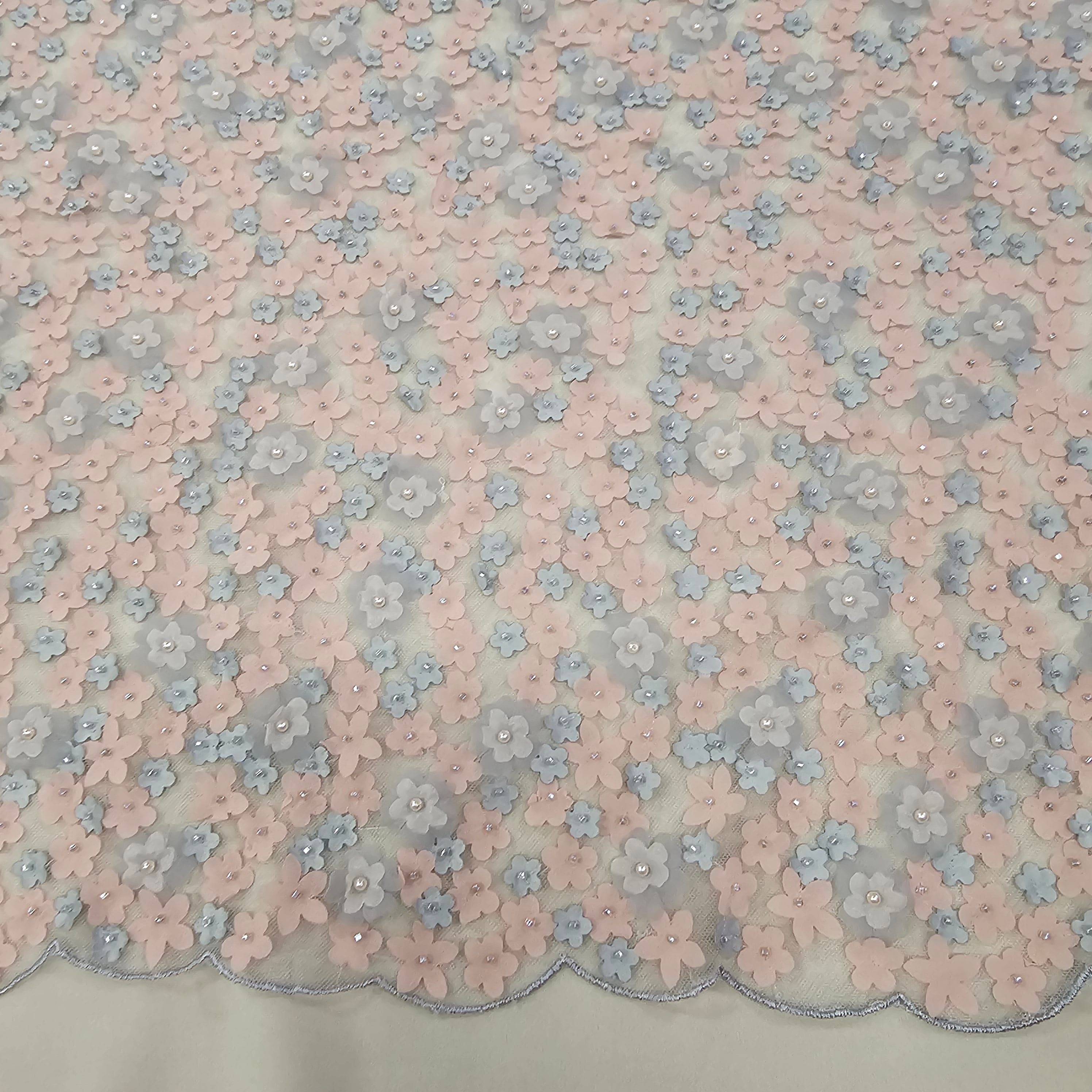 Pink Grey Floral Embellished Tulle — featuring floral motifs, a 3D floral design and hand-beading, 50% nylon 50% rayon, 130cm wide
