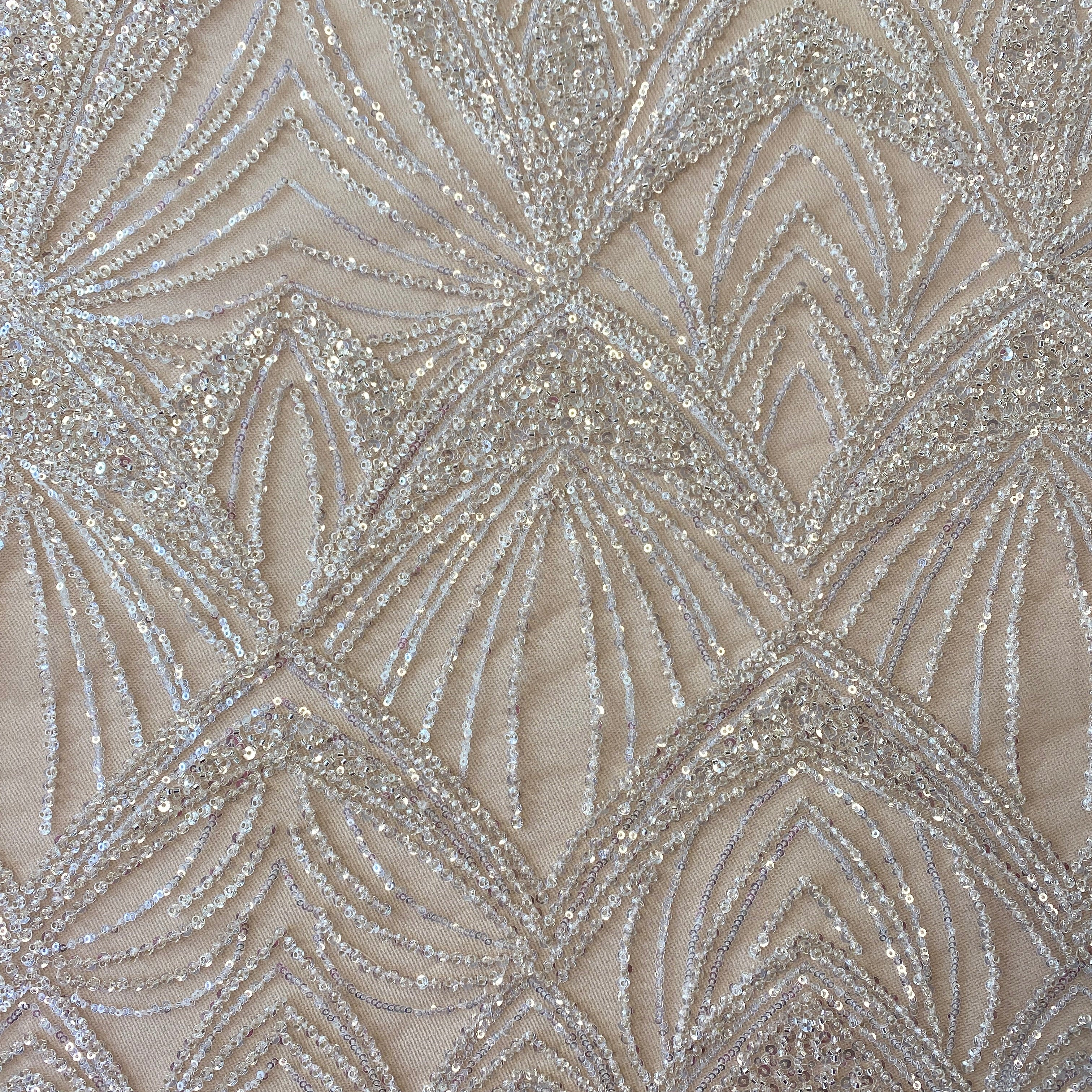Champagne Embellished Tulle — featuring scalloped edges and hand-beading, 60% rayon 40% nylon, 130cm wide