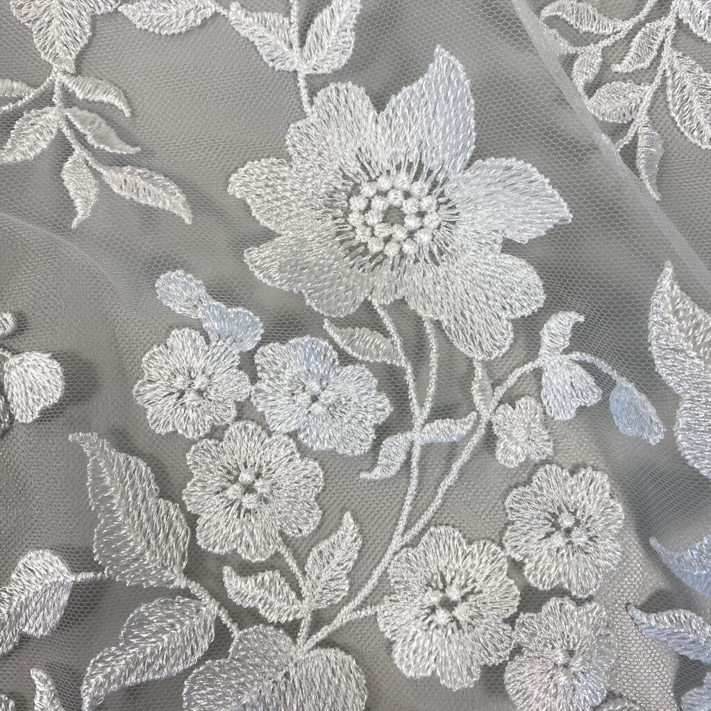 Ivory Embellished Floral Tulle — featuring floral motifs, 60% rayon 40% nylon, 140cm wide