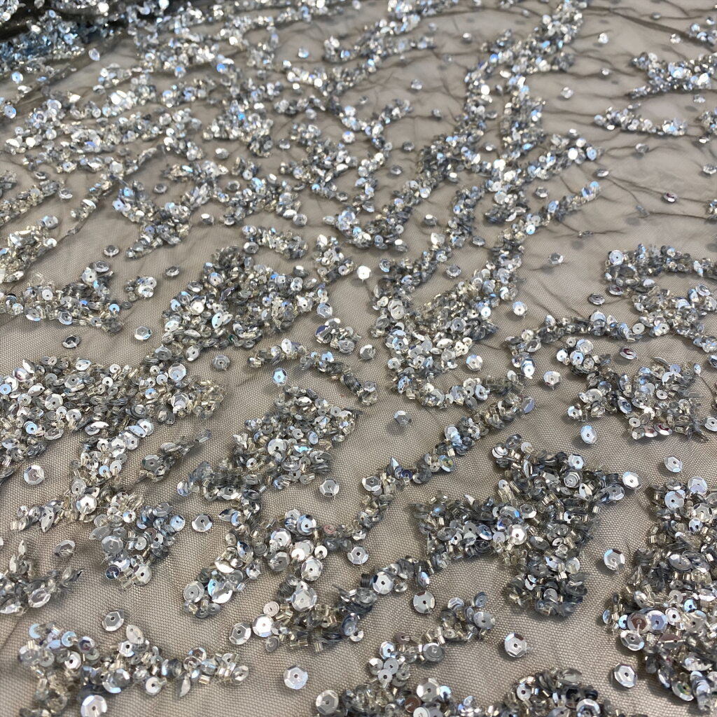 Silver Sequined Tulle — featuring sequins, 100% polyamide, 140cm wide